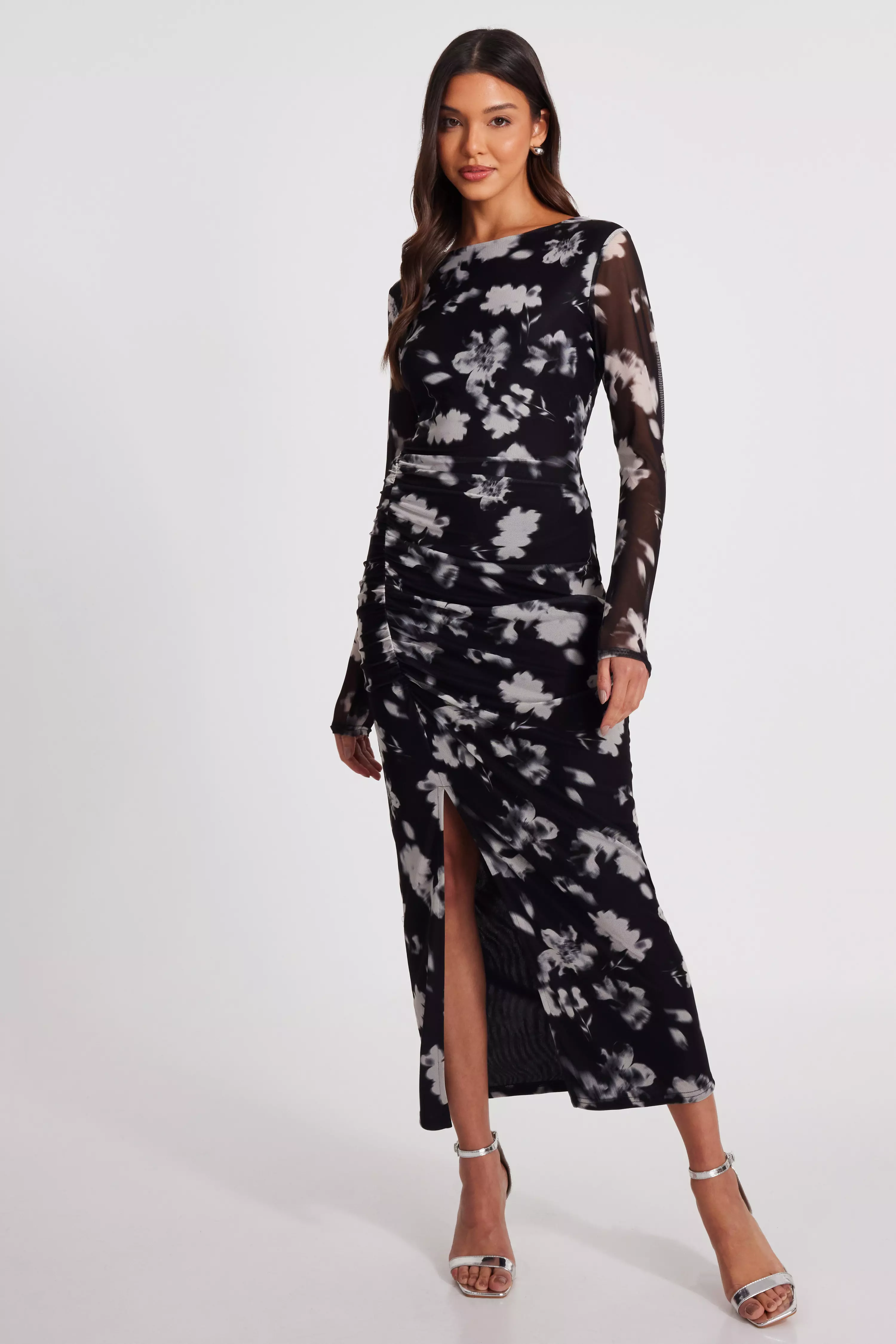 Black Mesh Floral Ruched Midaxi