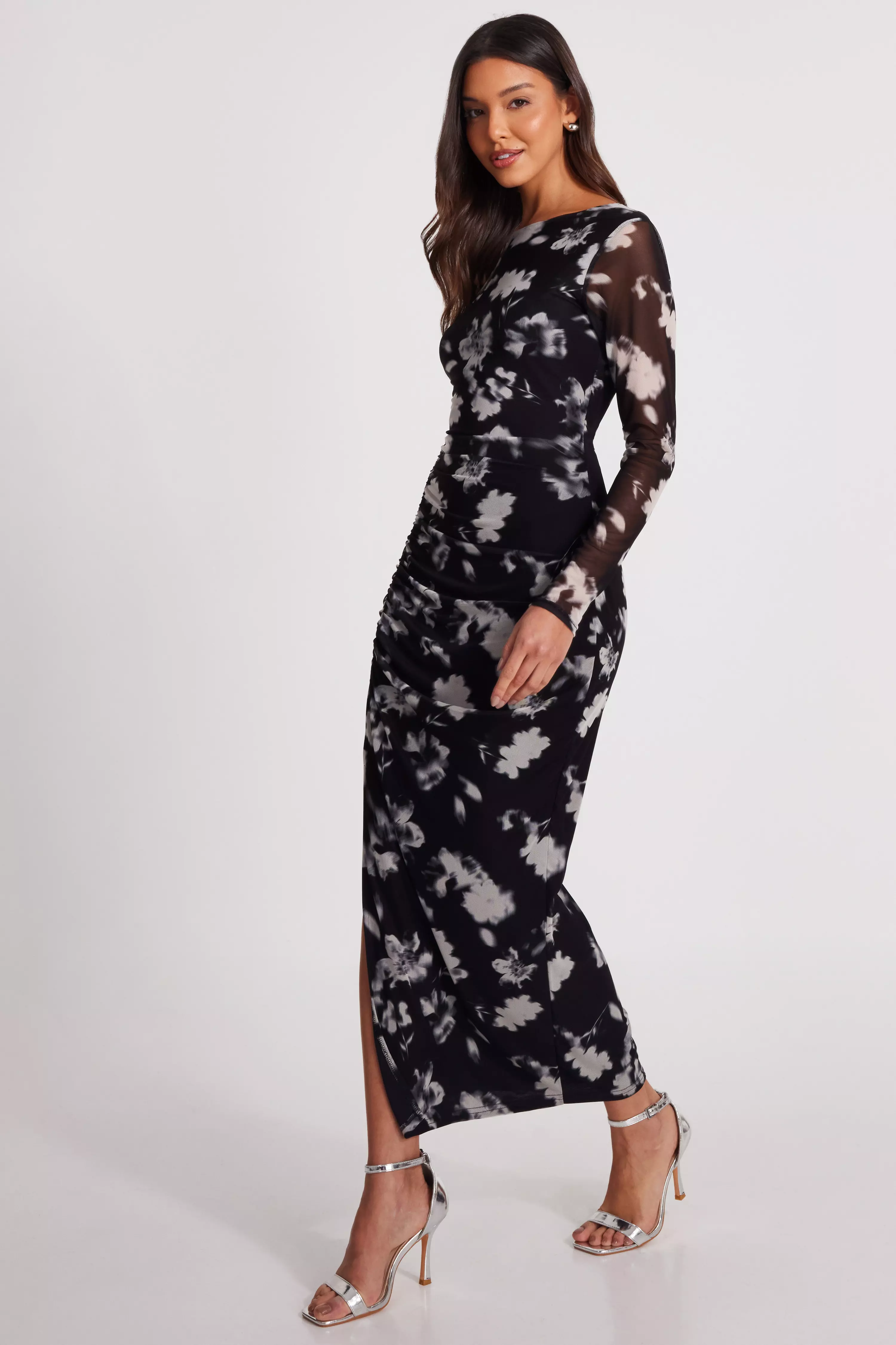 Black Mesh Floral Ruched Midaxi