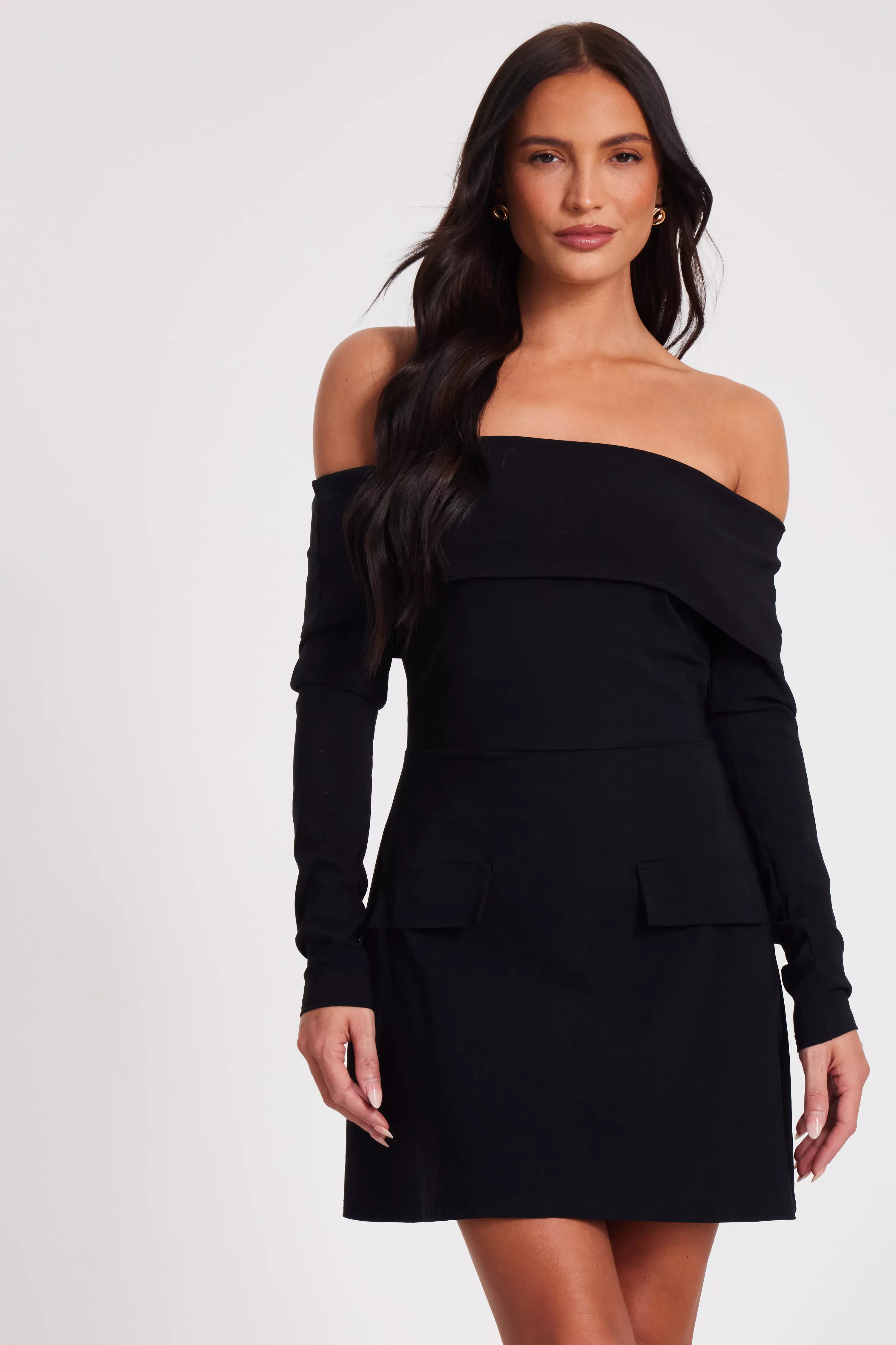 Black Bardot Long Sleeve Mini Dress