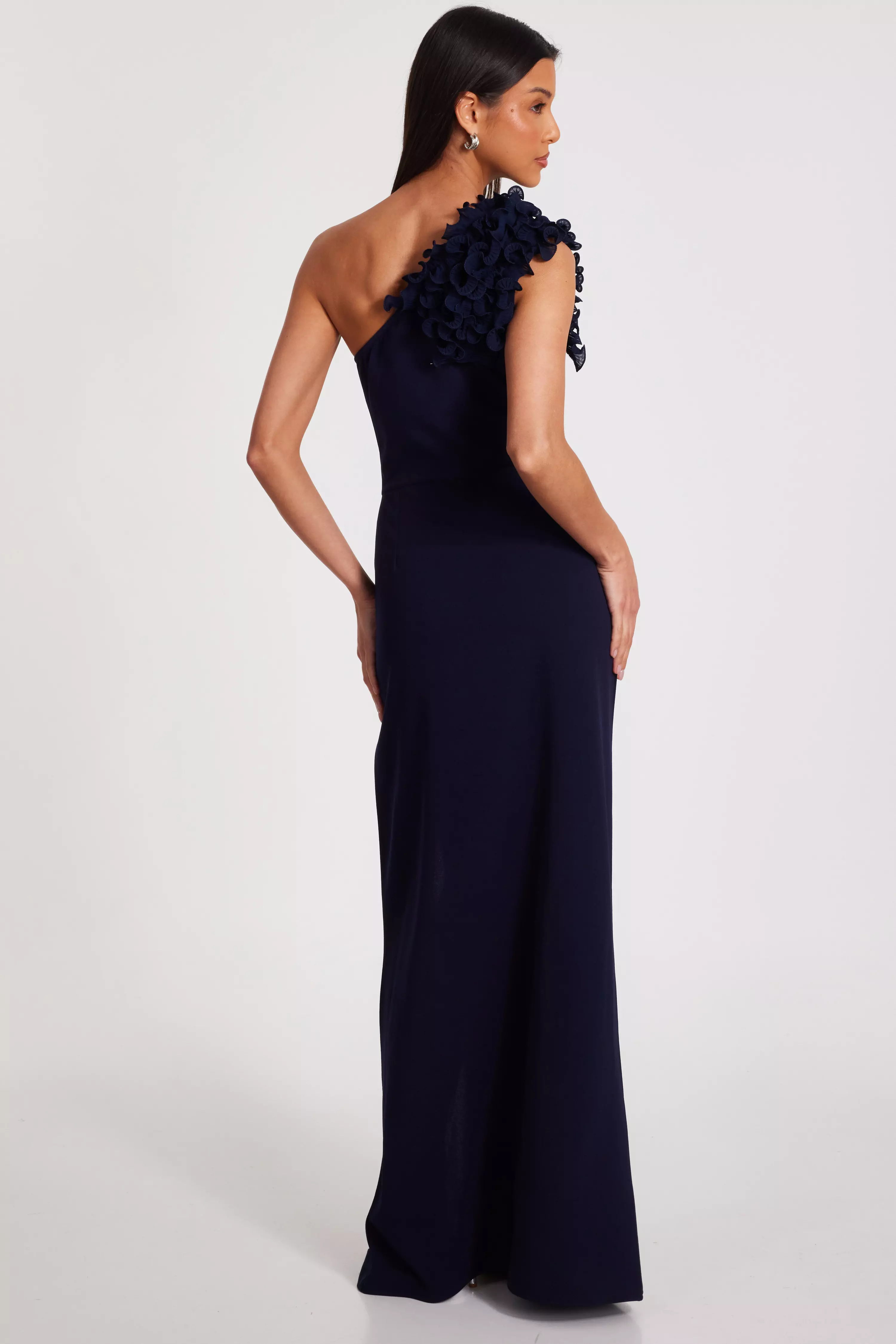 Navy One Shoulder Ruffle Maxi Dress