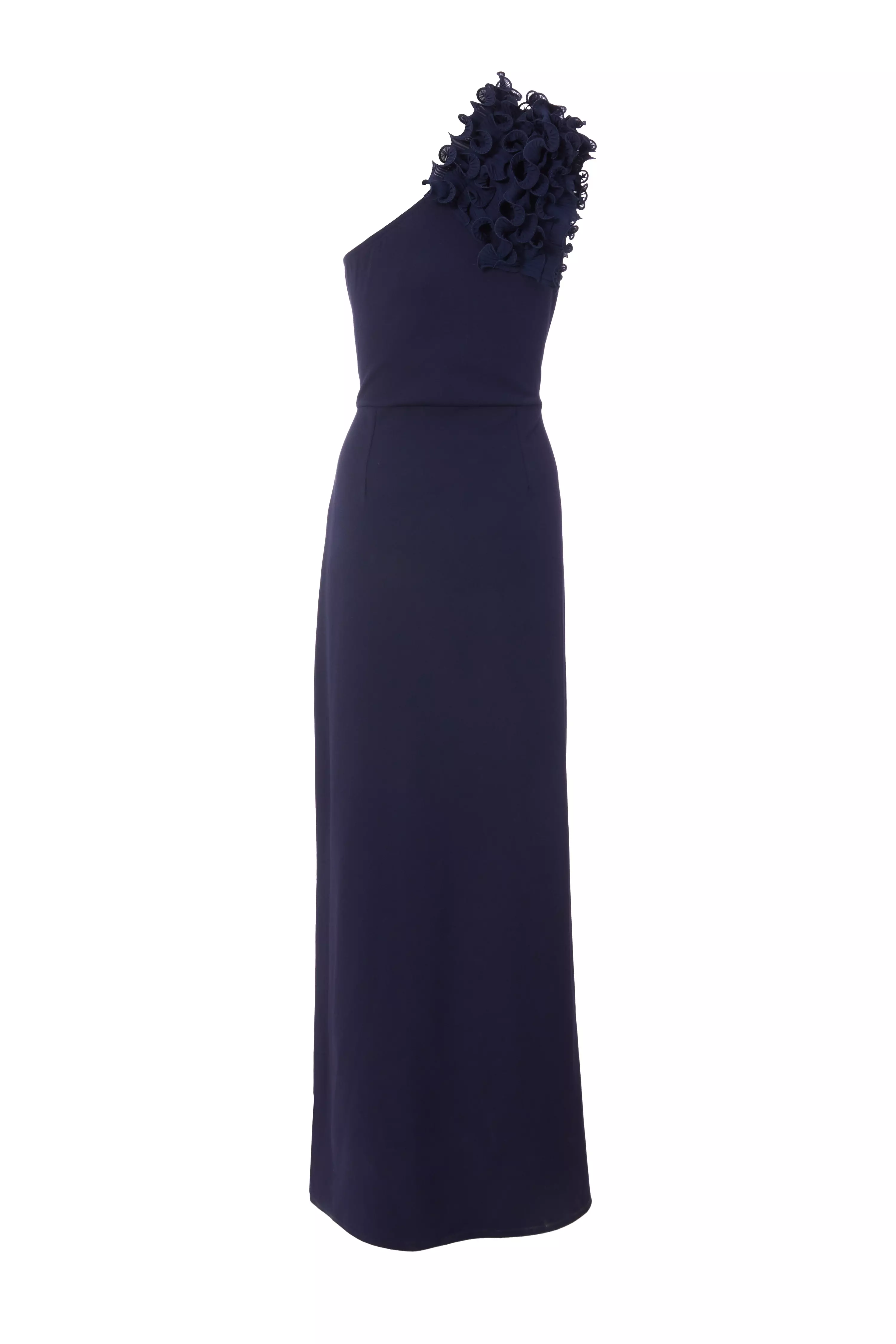 Navy One Shoulder Ruffle Maxi Dress