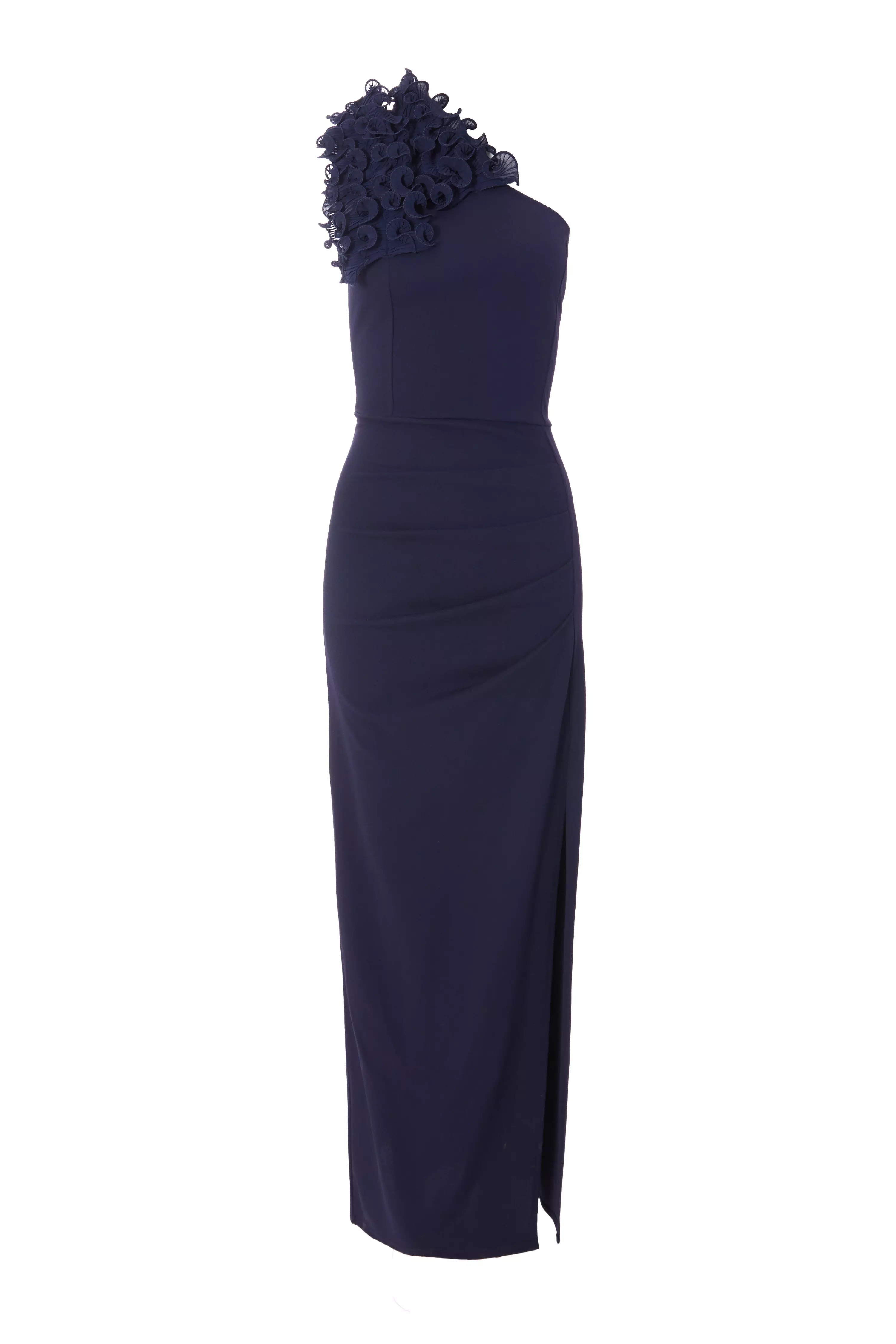 Navy One Shoulder Ruffle Maxi Dress