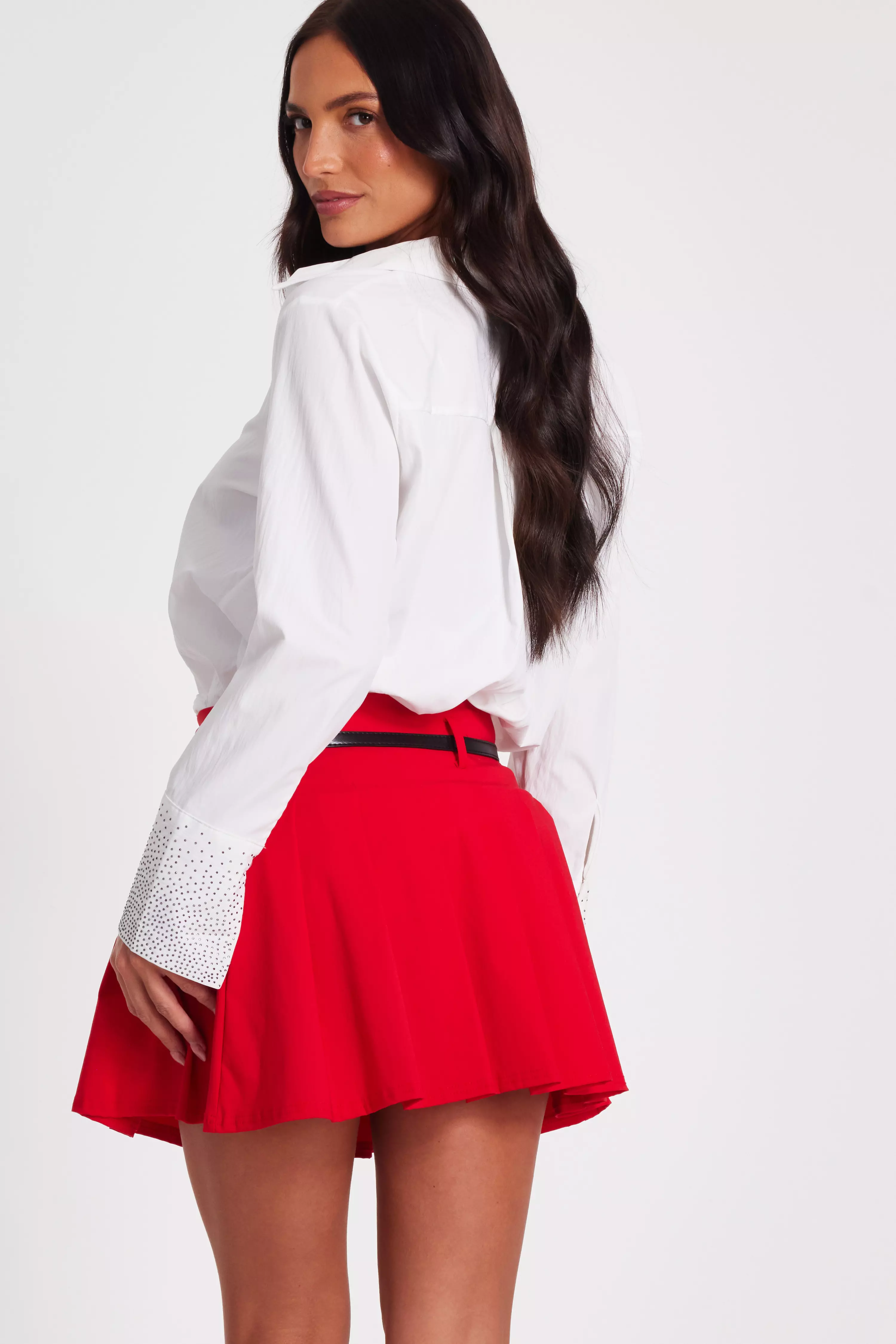 Red Pleated Mini Skirt 