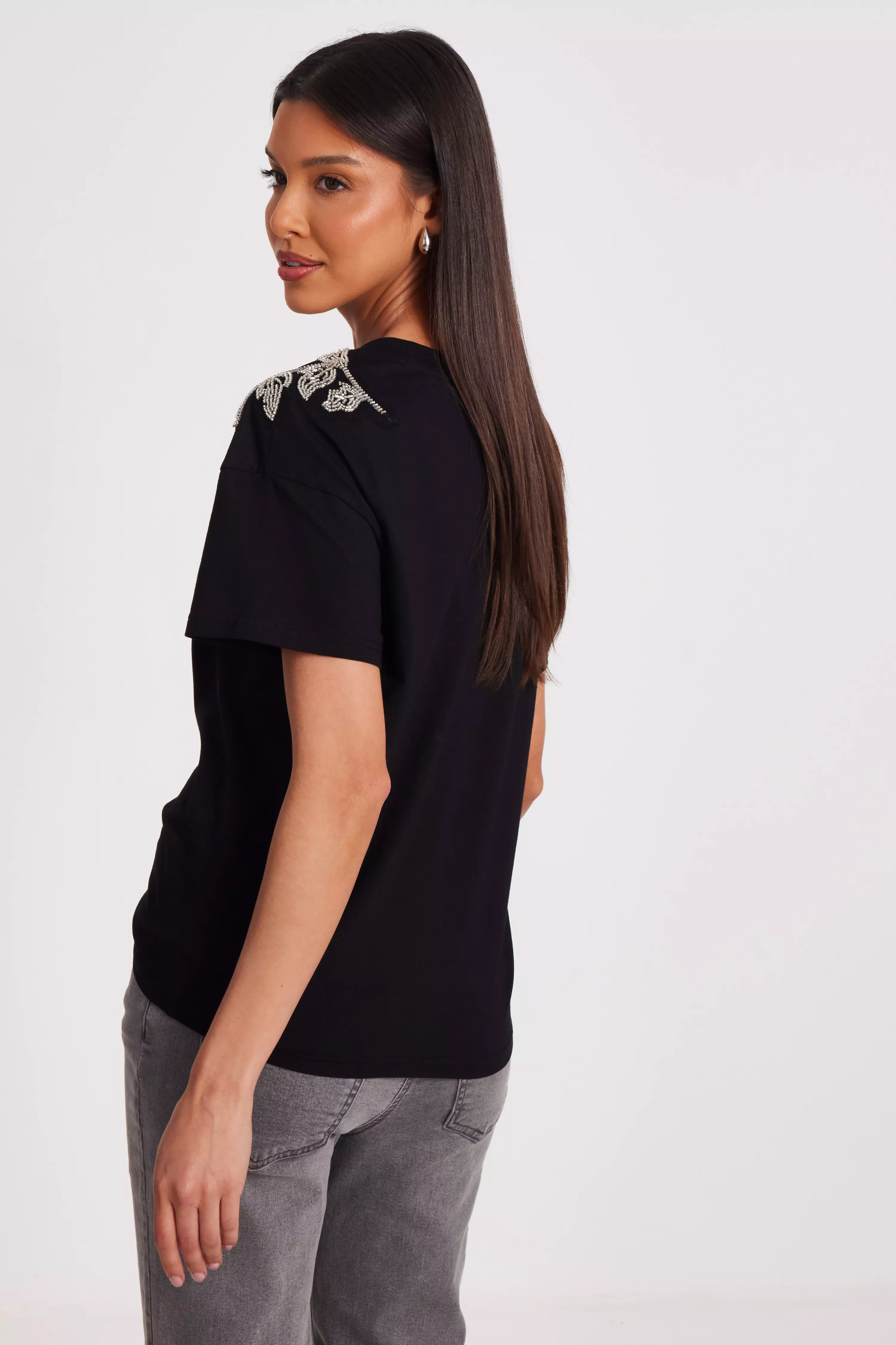 Black Floral Applique T-Shirt