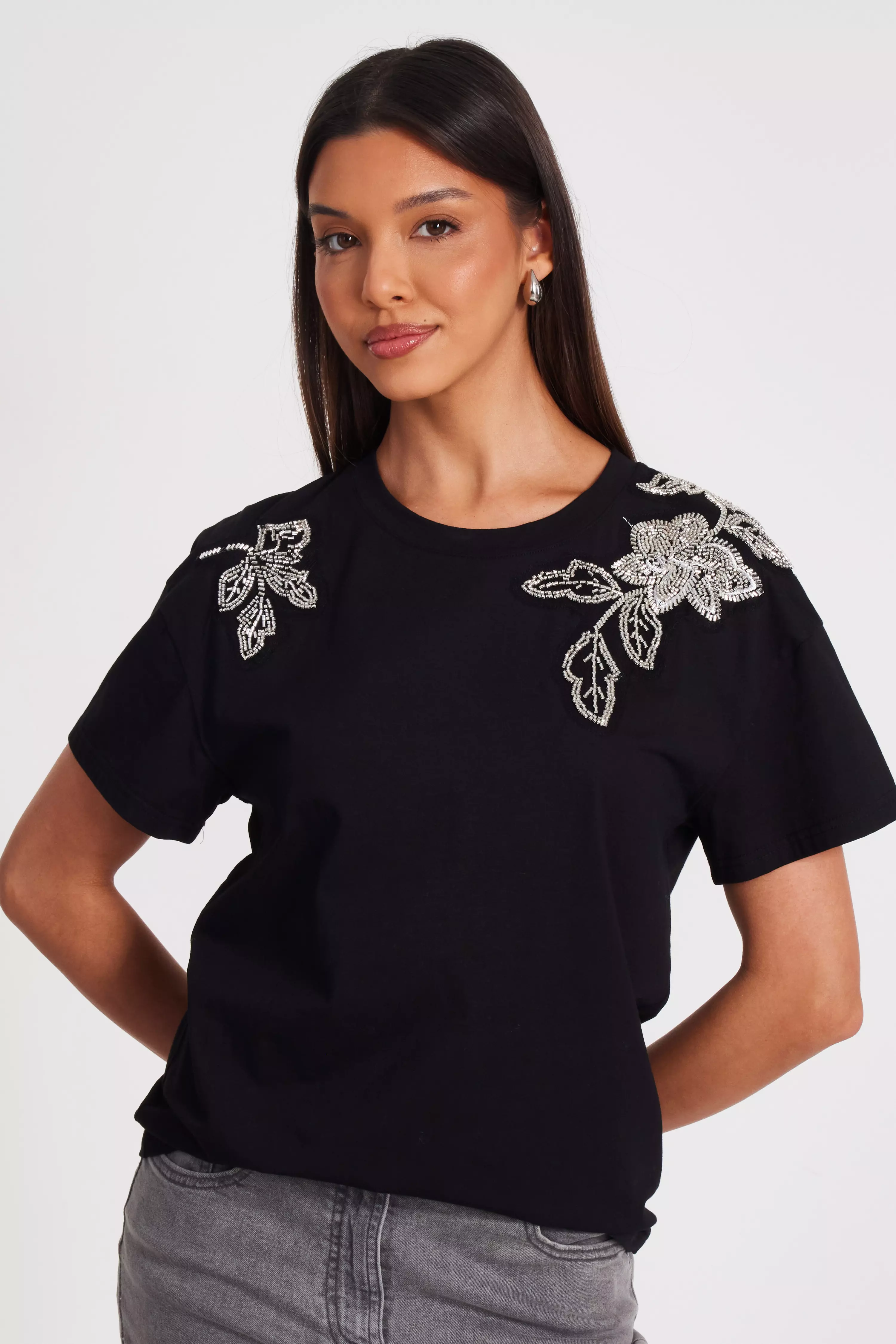 Black Floral Applique T-Shirt