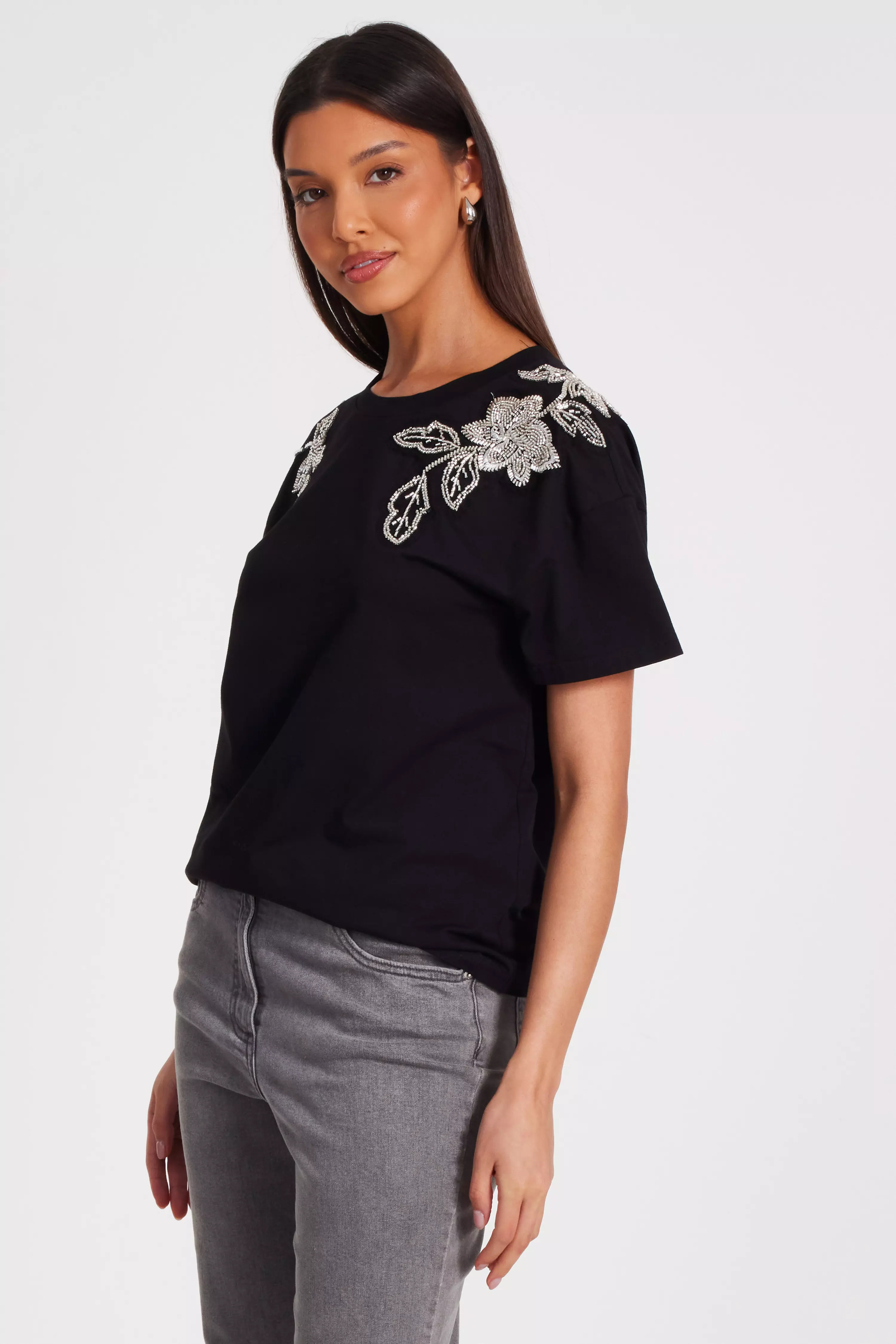 Black Floral Applique T-Shirt