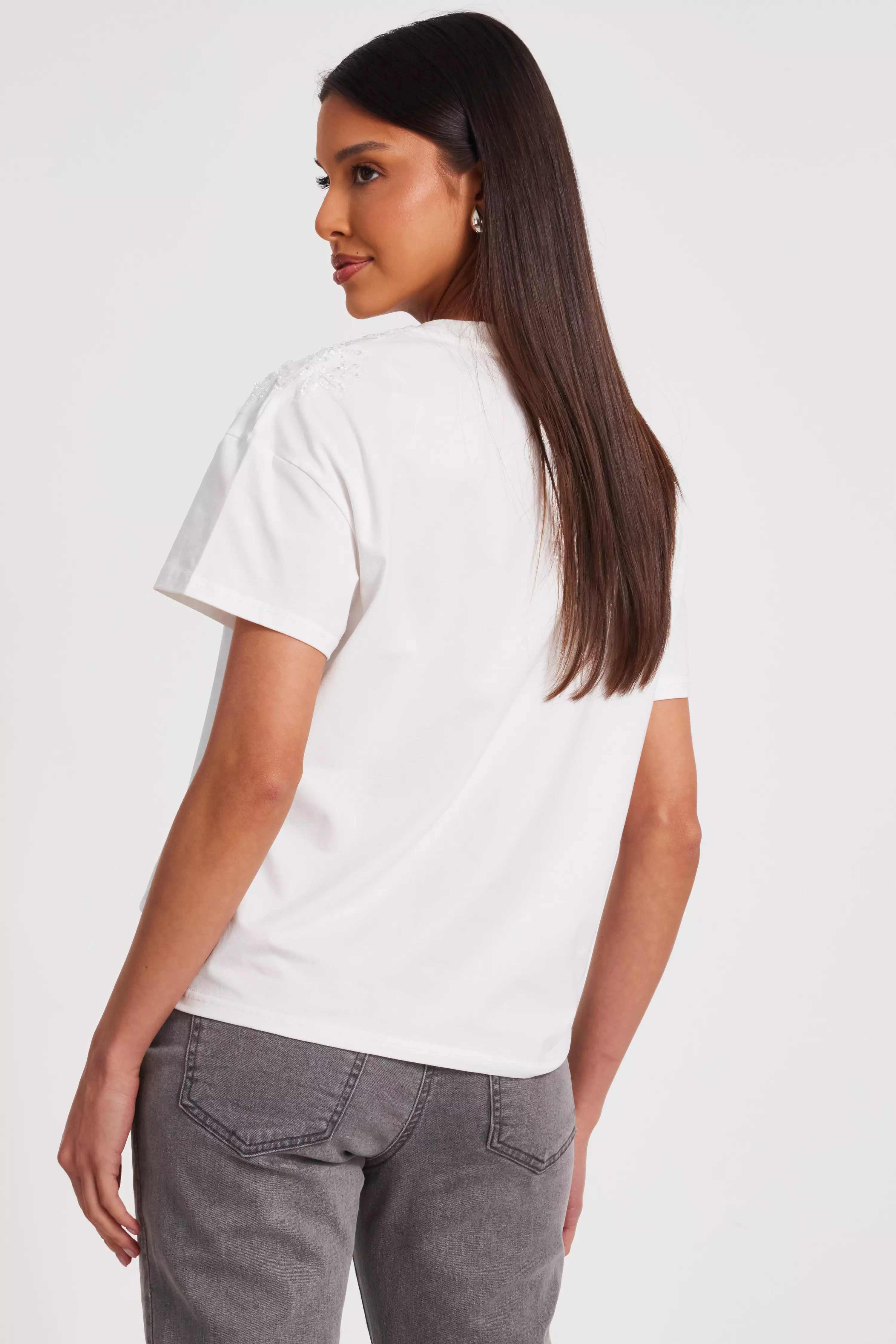 White Floral Applique T-Shirt