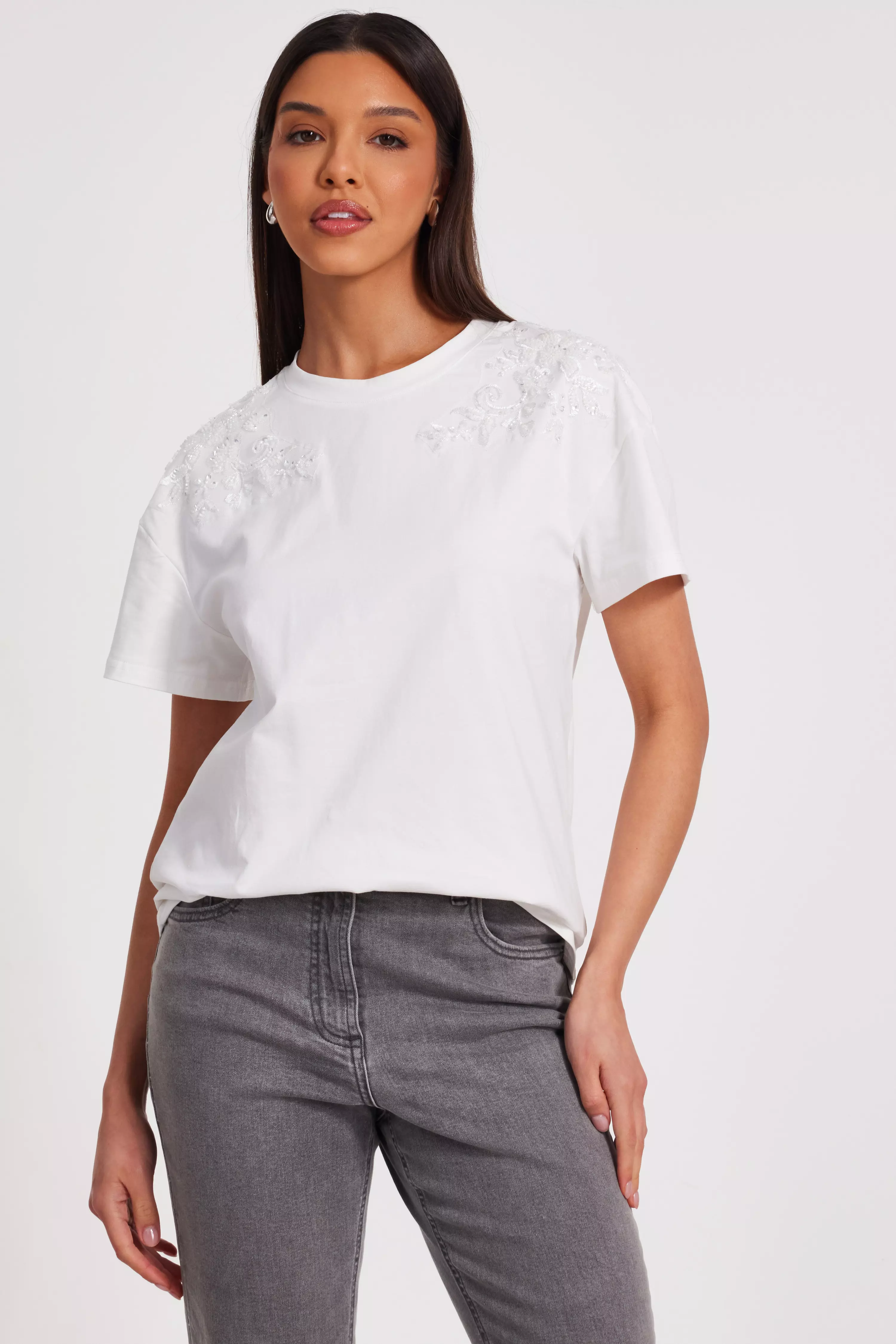 White Floral Applique T-Shirt