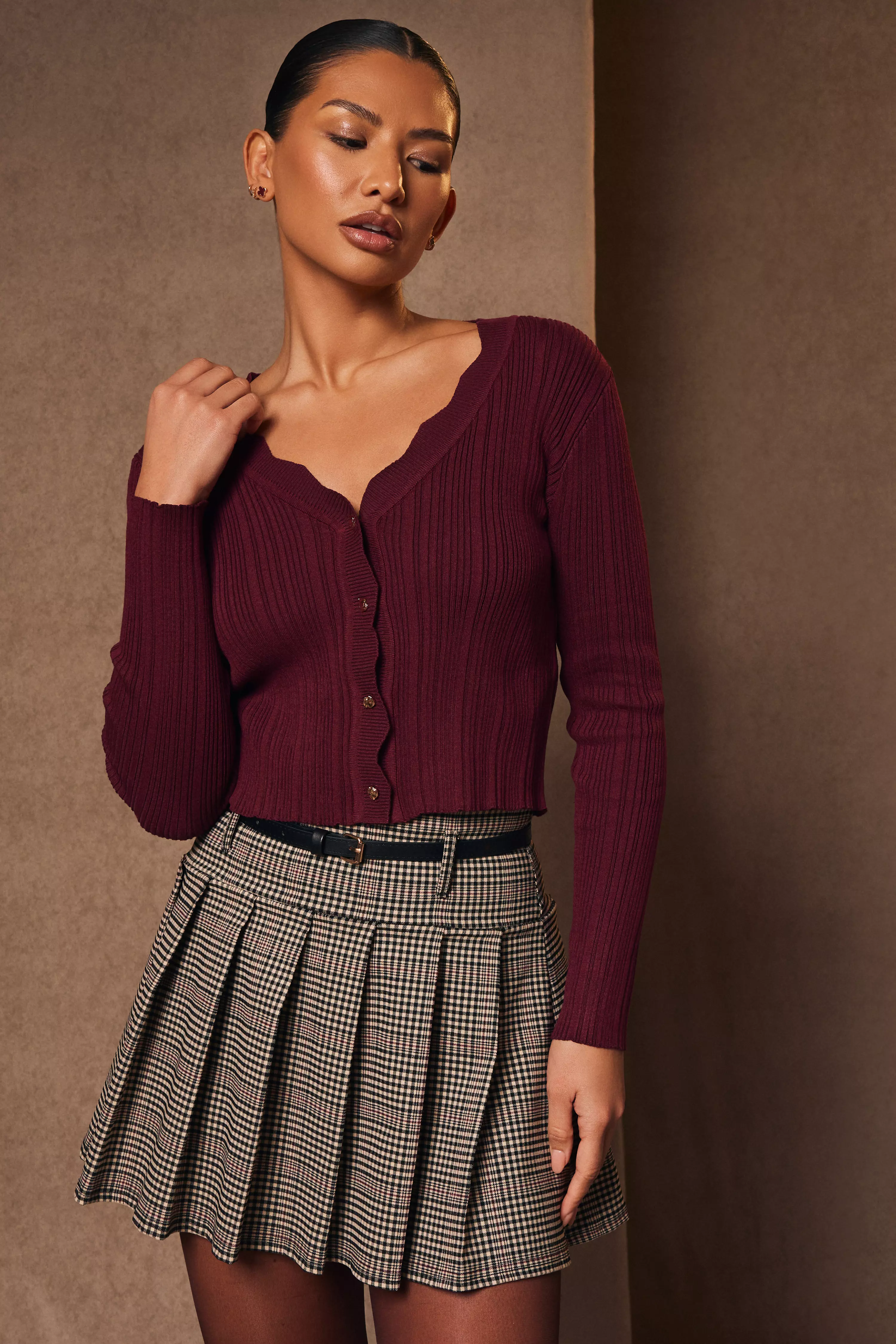 Dark Red Scallop Trim Cardigan