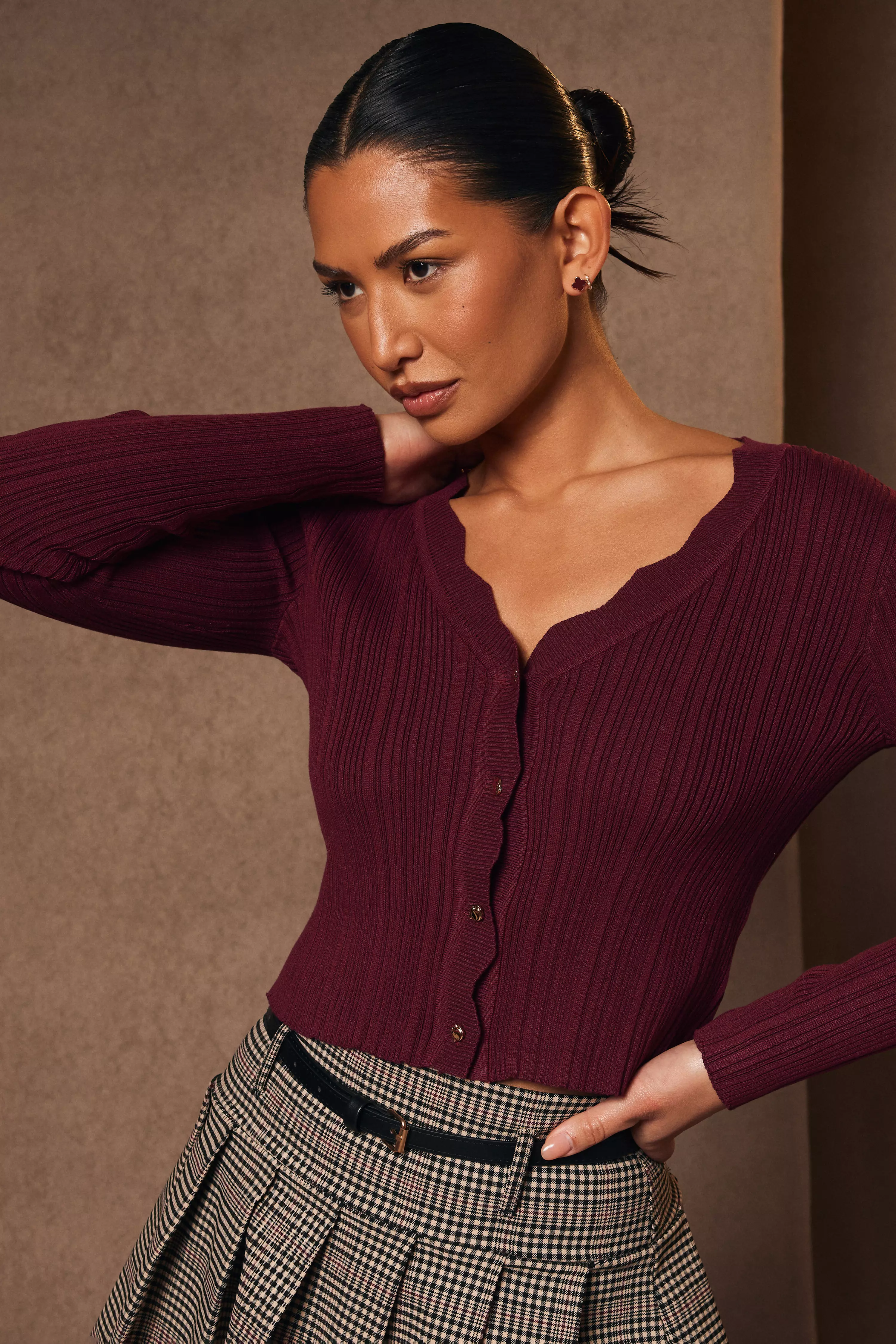 Dark Red Scallop Trim Cardigan