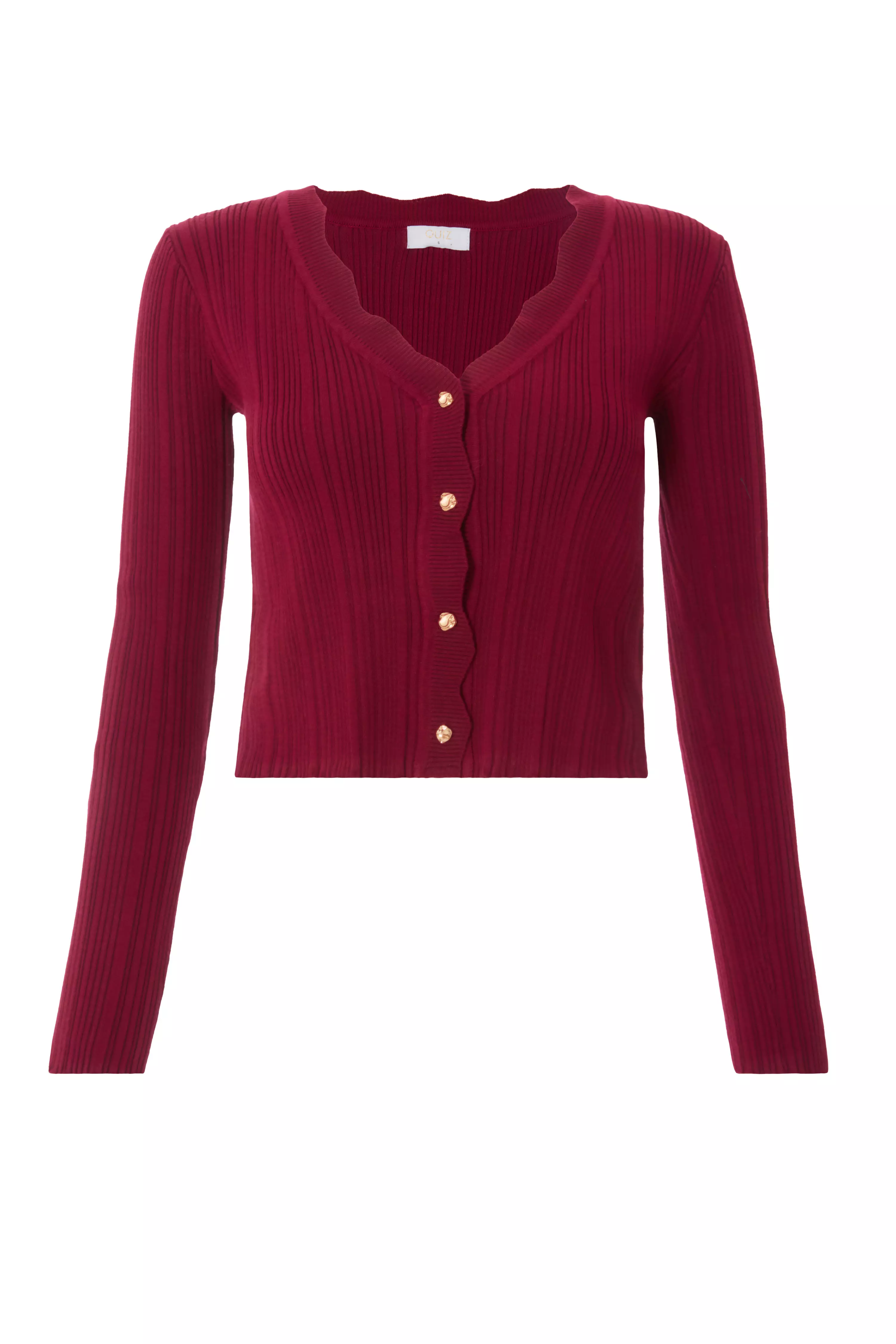 Dark Red Scallop Trim Cardigan