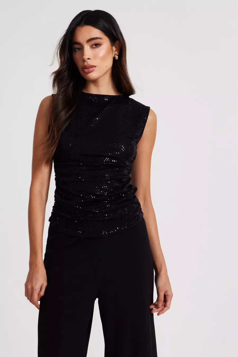 Black Sequin Vest Top QUIZ Clothing