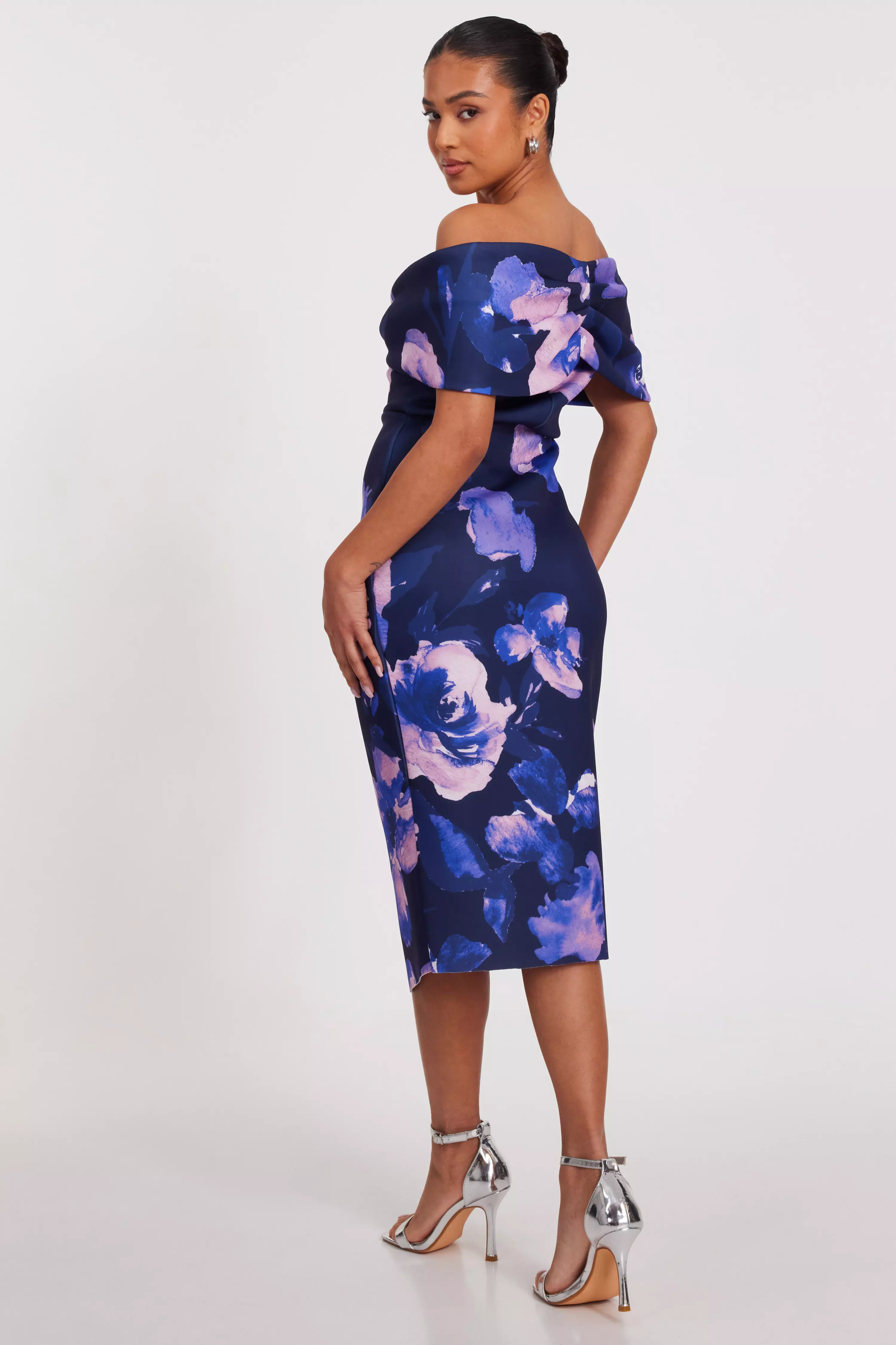 Petite Navy Floral Bardot Midi Dress