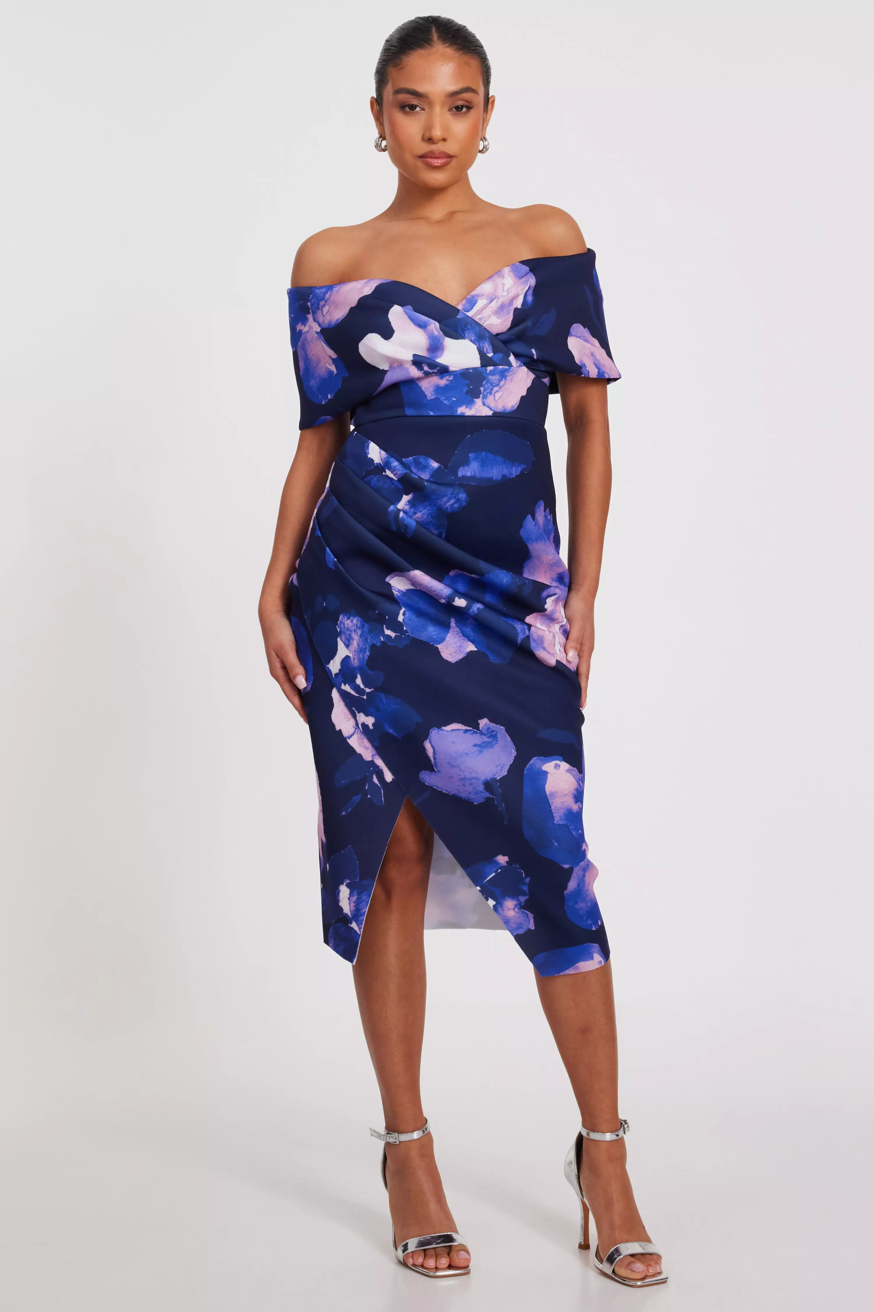 Petite Navy Floral Bardot Midi Dress