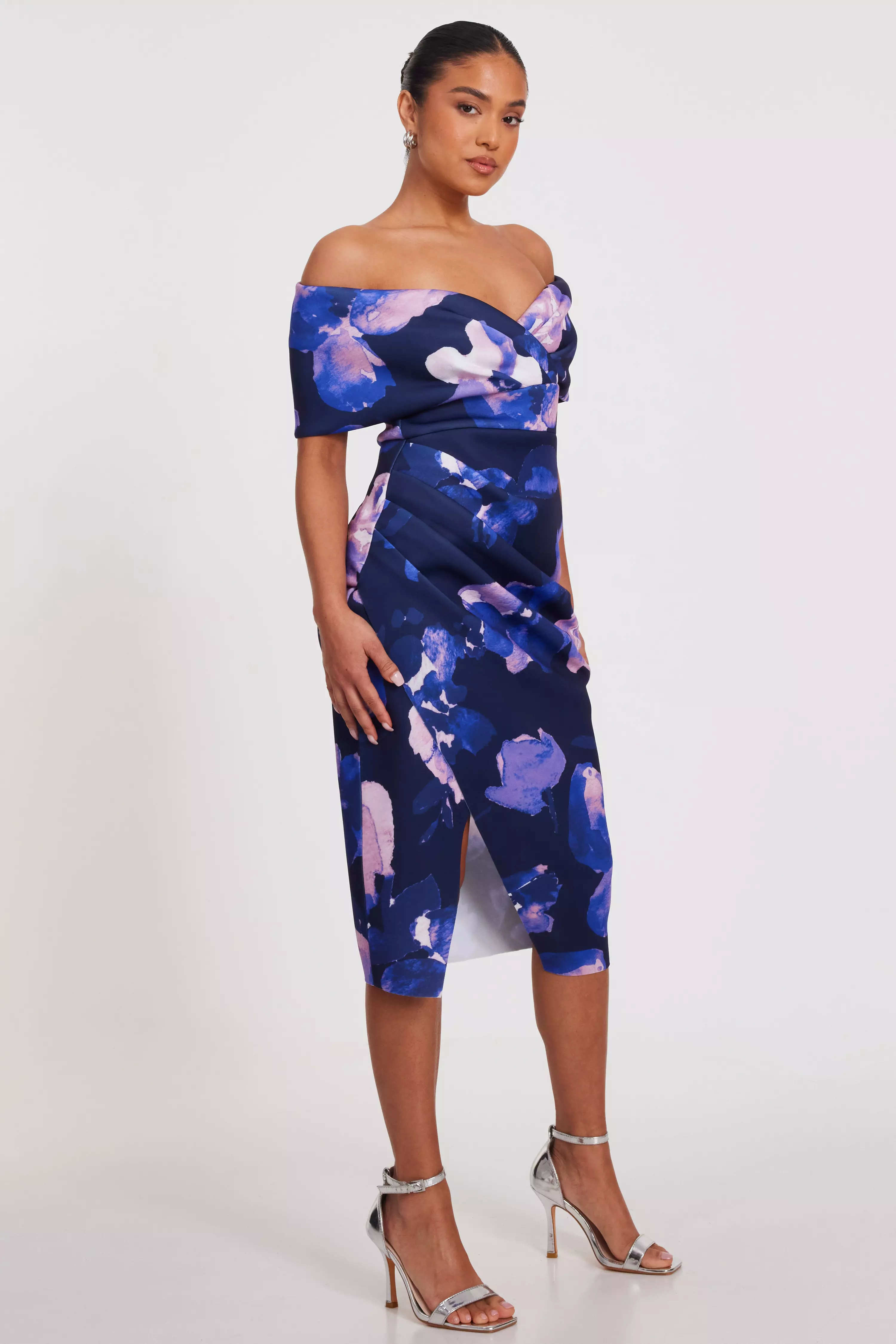 Petite Navy Floral Bardot Midi Dress