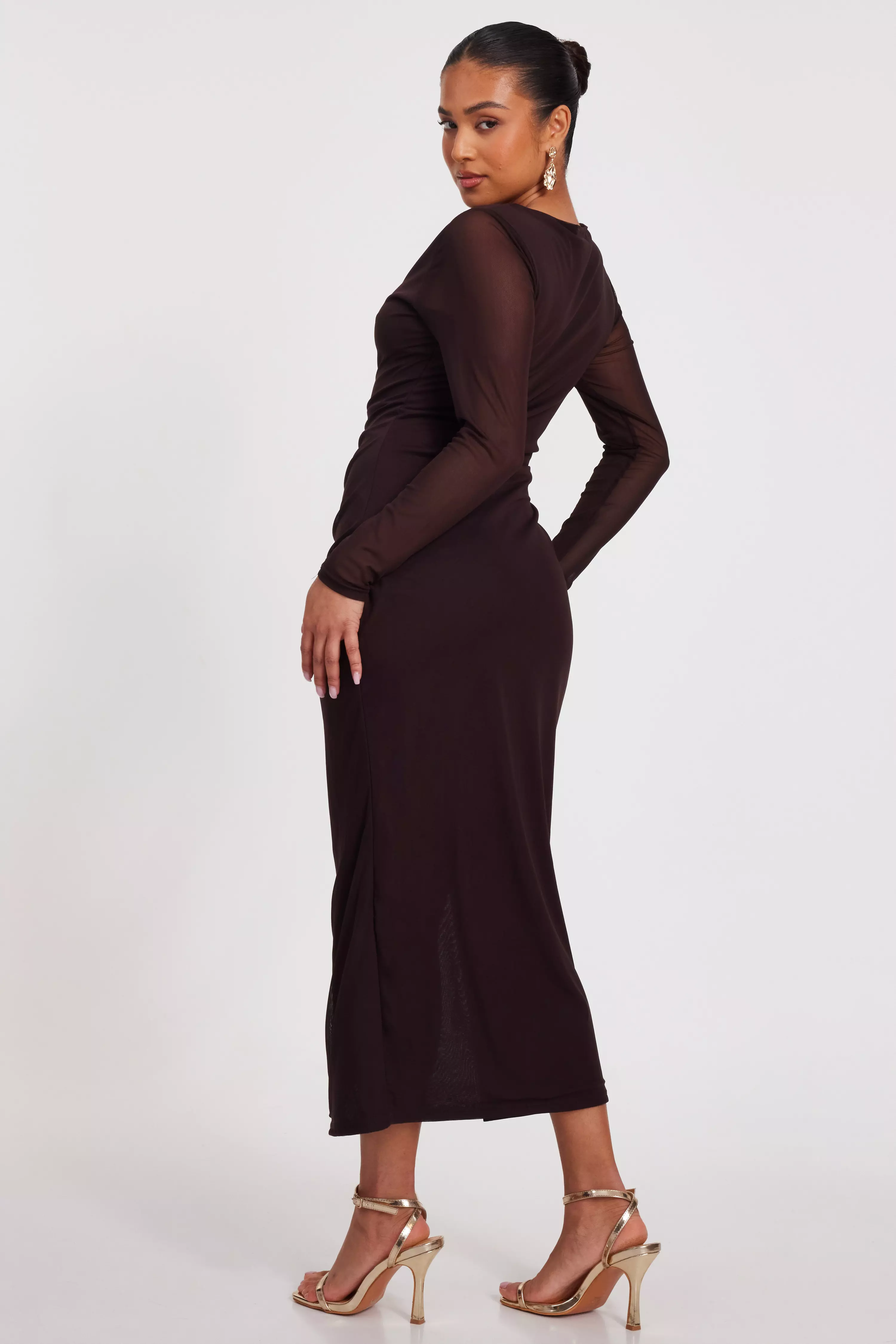 Petite Brown Mesh Long Sleeve Midaxi Dress