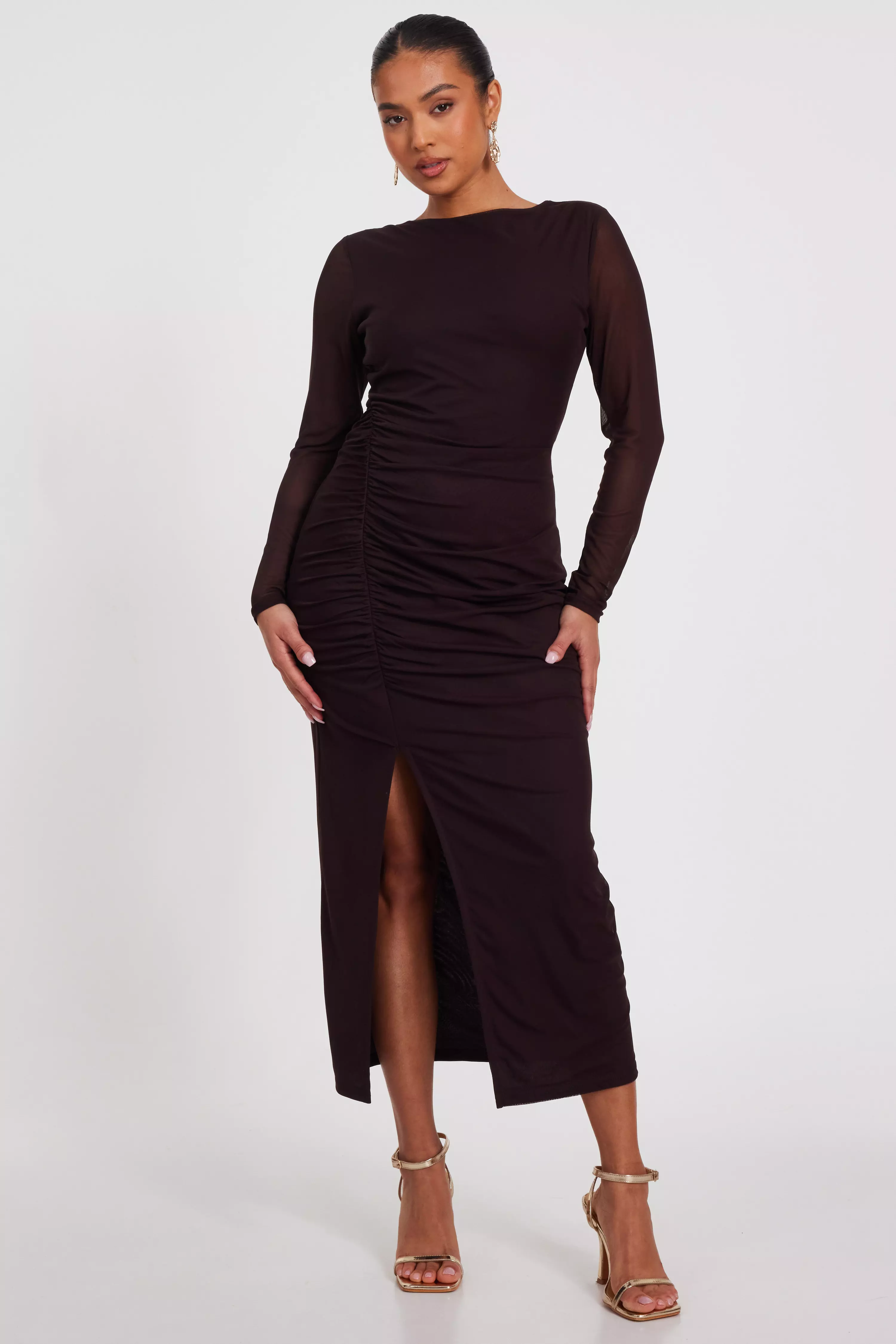 Petite Brown Mesh Long Sleeve Midaxi Dress