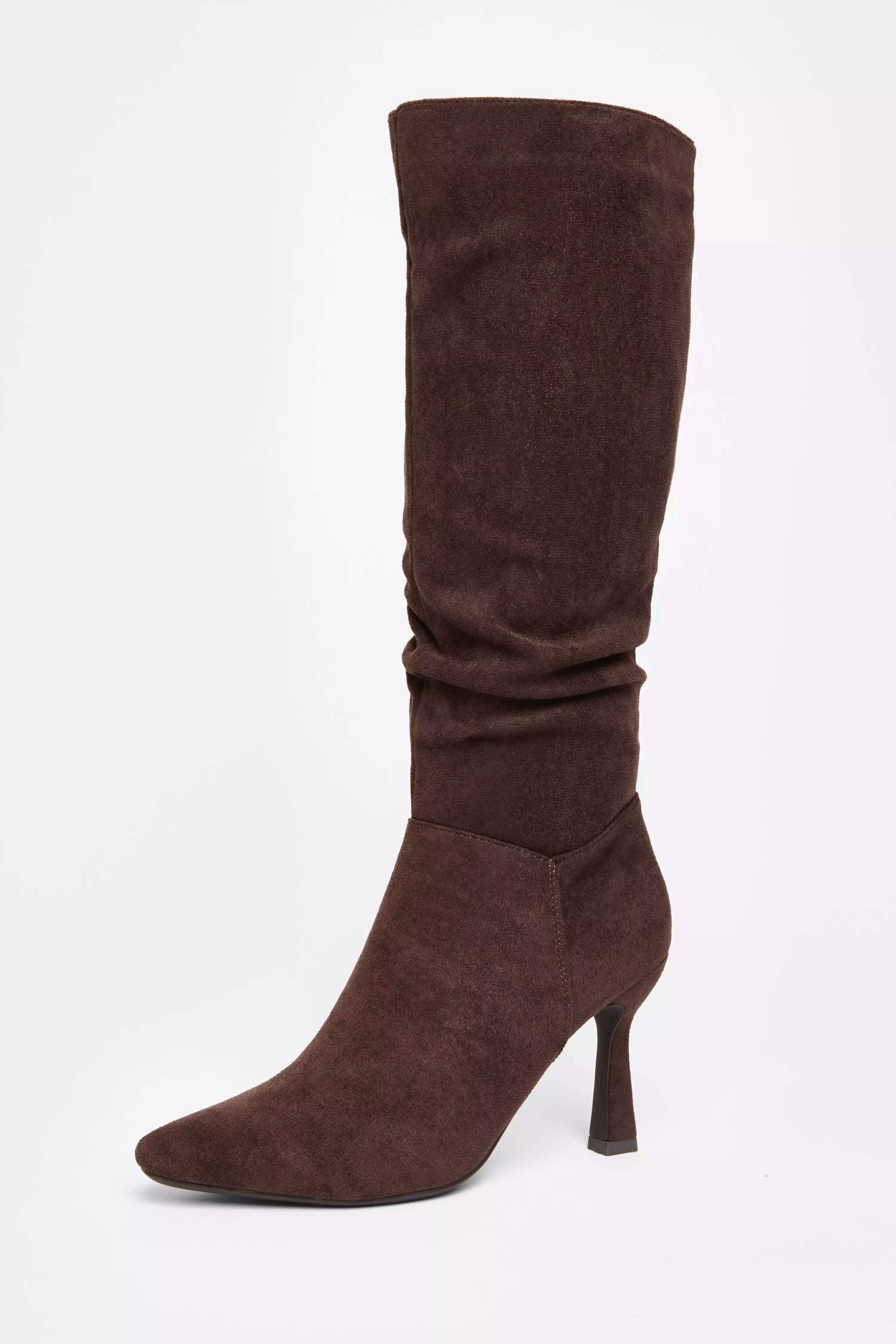 Brown Faux Suede Heeled Boots