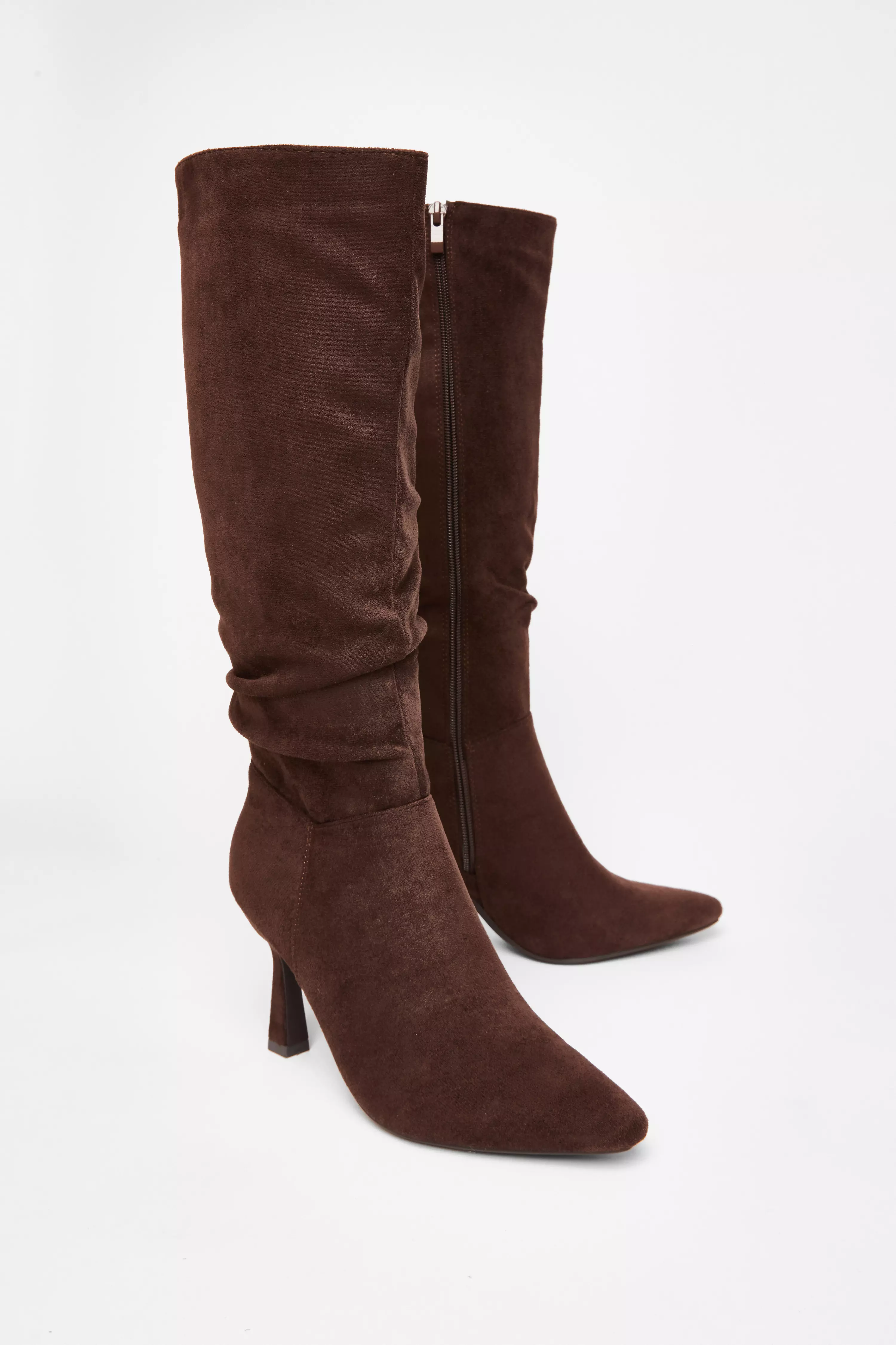 Brown Faux Suede Heeled Boots