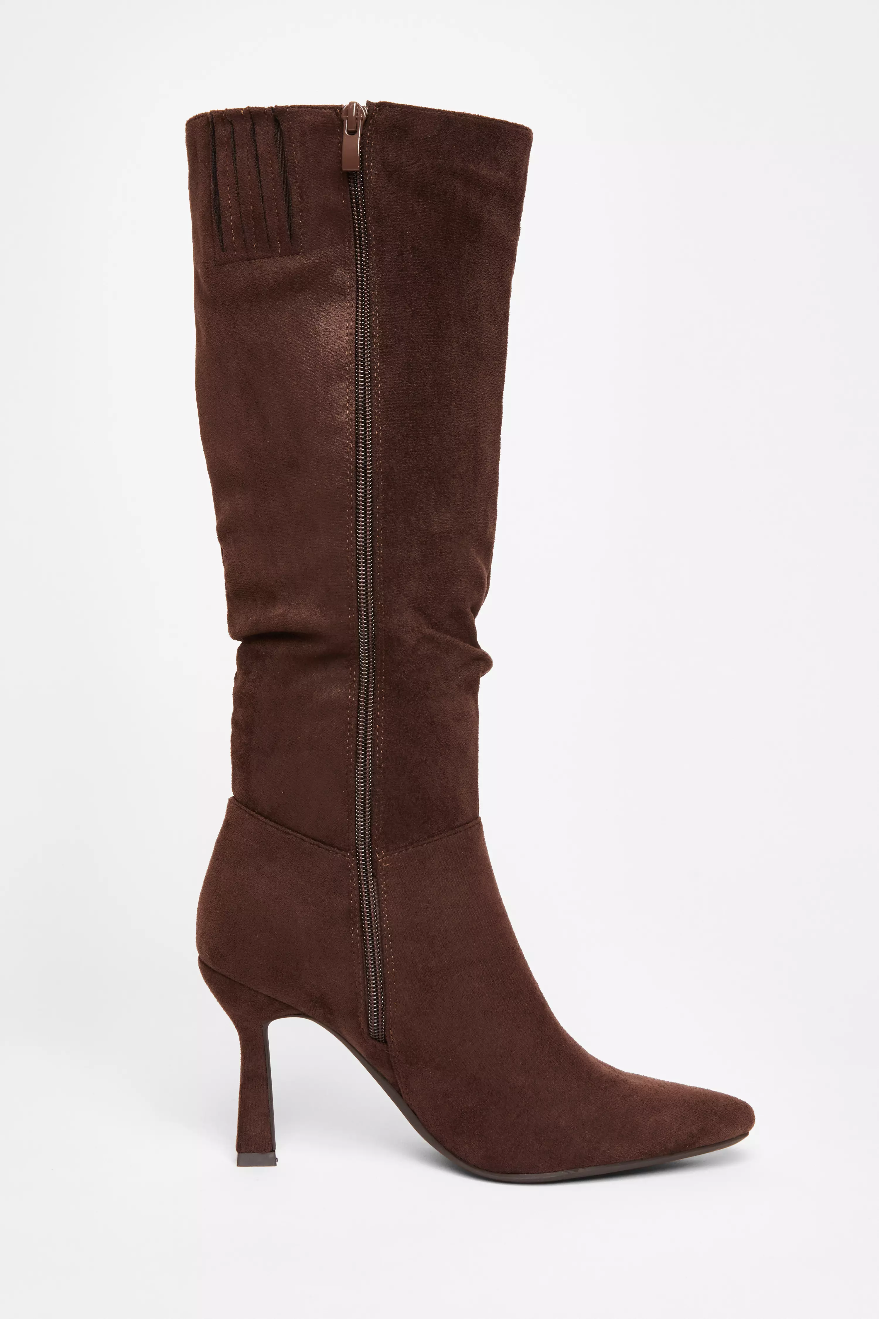 Brown Faux Suede Heeled Boots