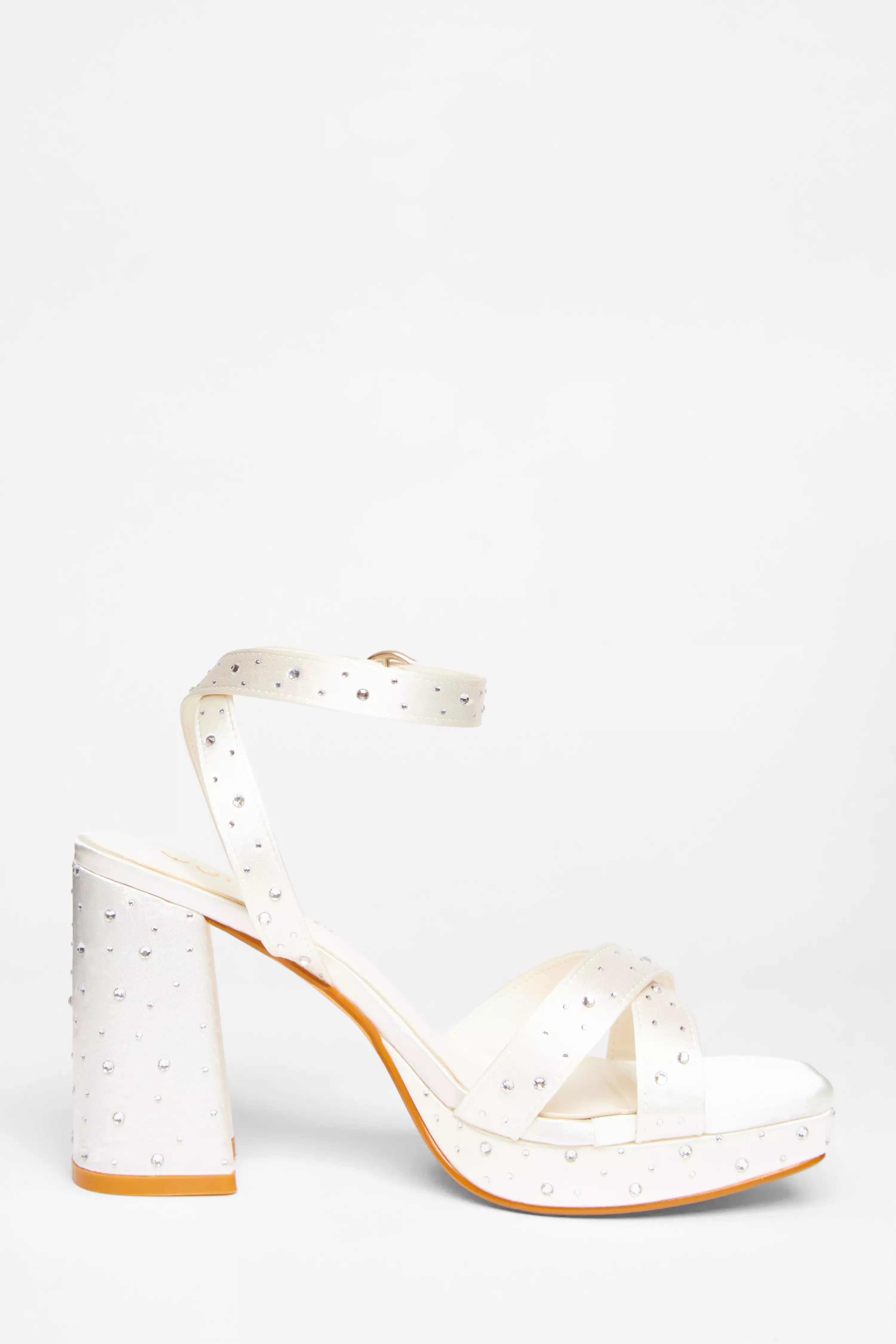 Wide Fit White Bridal Diamante Platform Heels