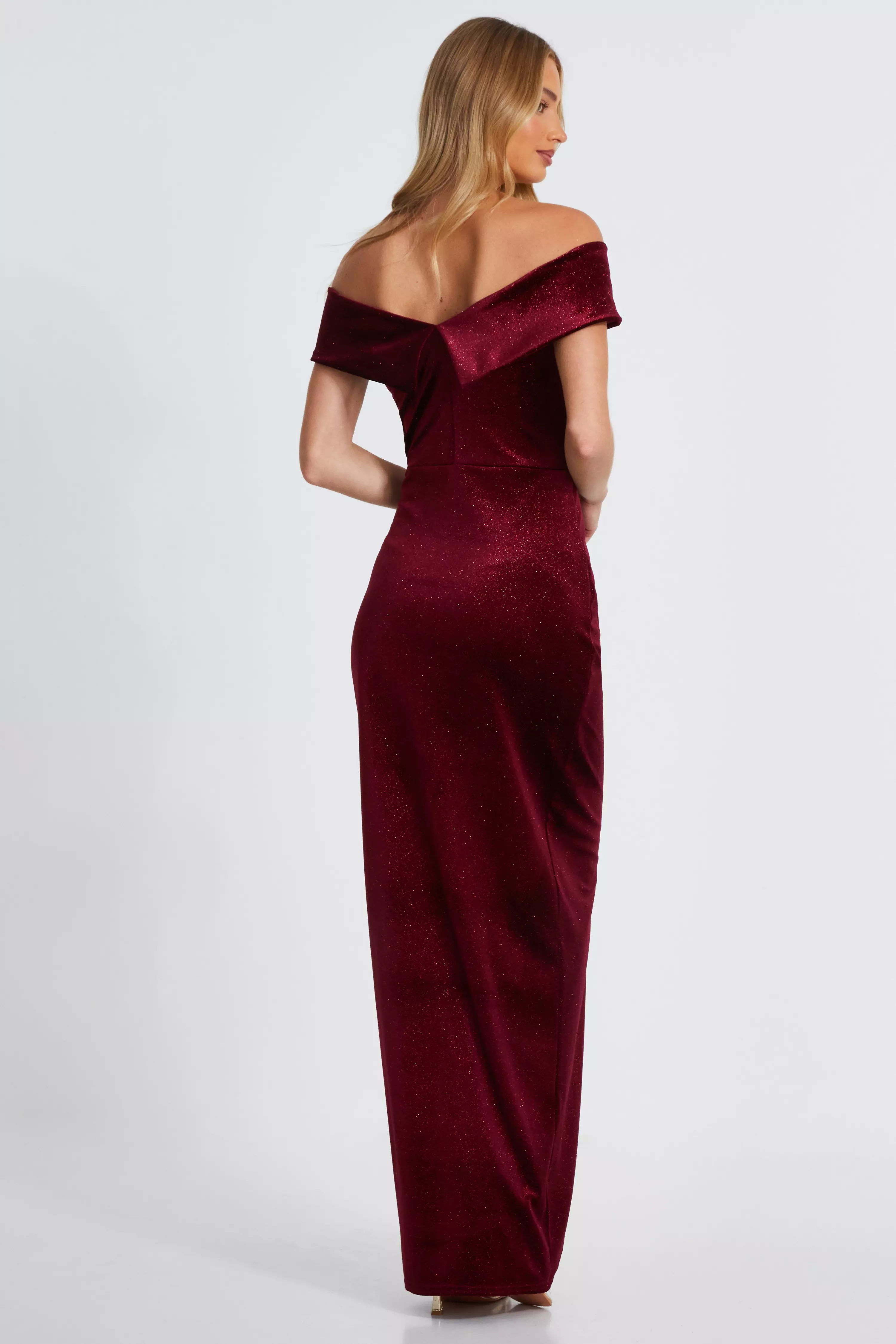 Dark Red Velvet Bardot Maxi Dress