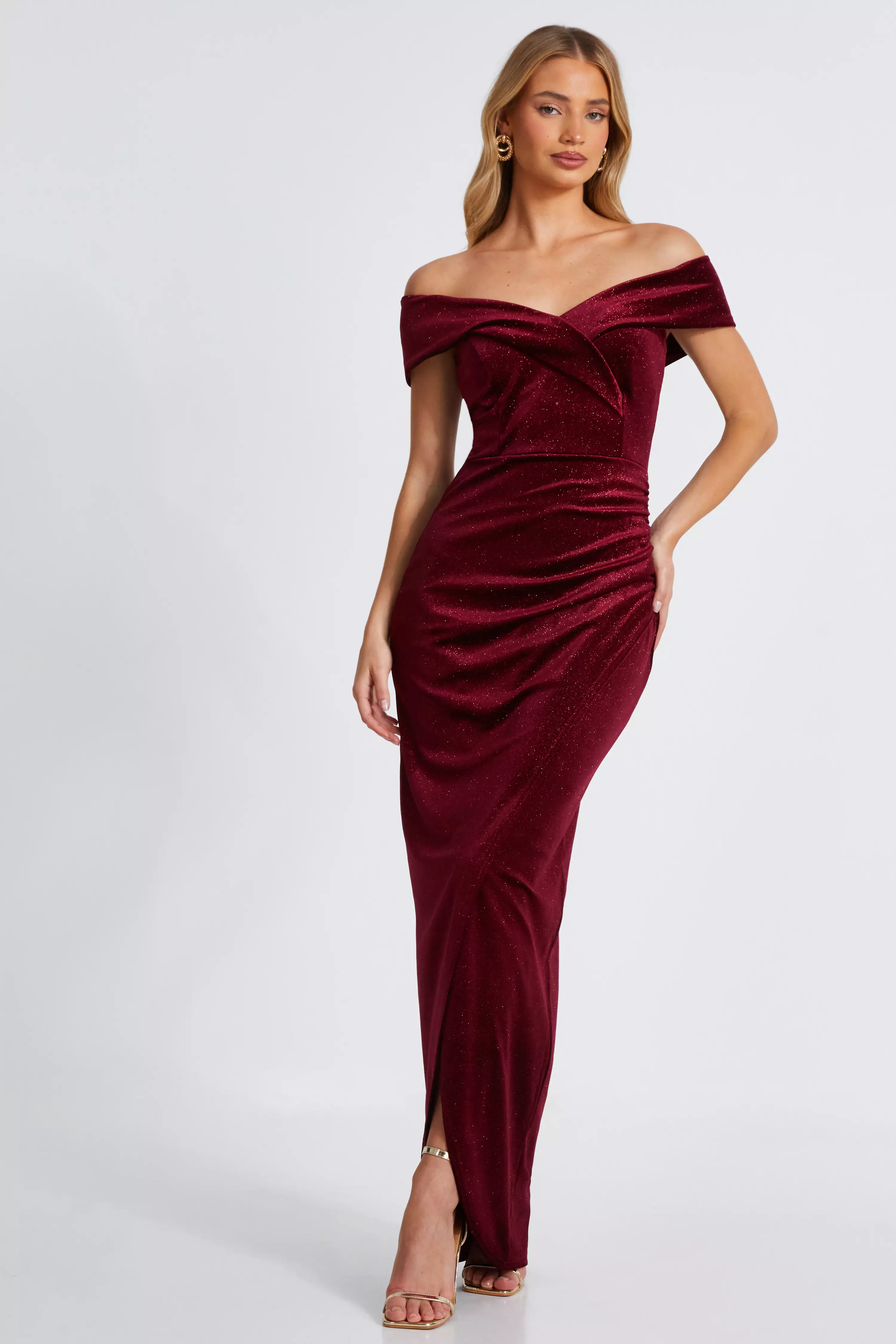 Dark Red Velvet Bardot Maxi Dress