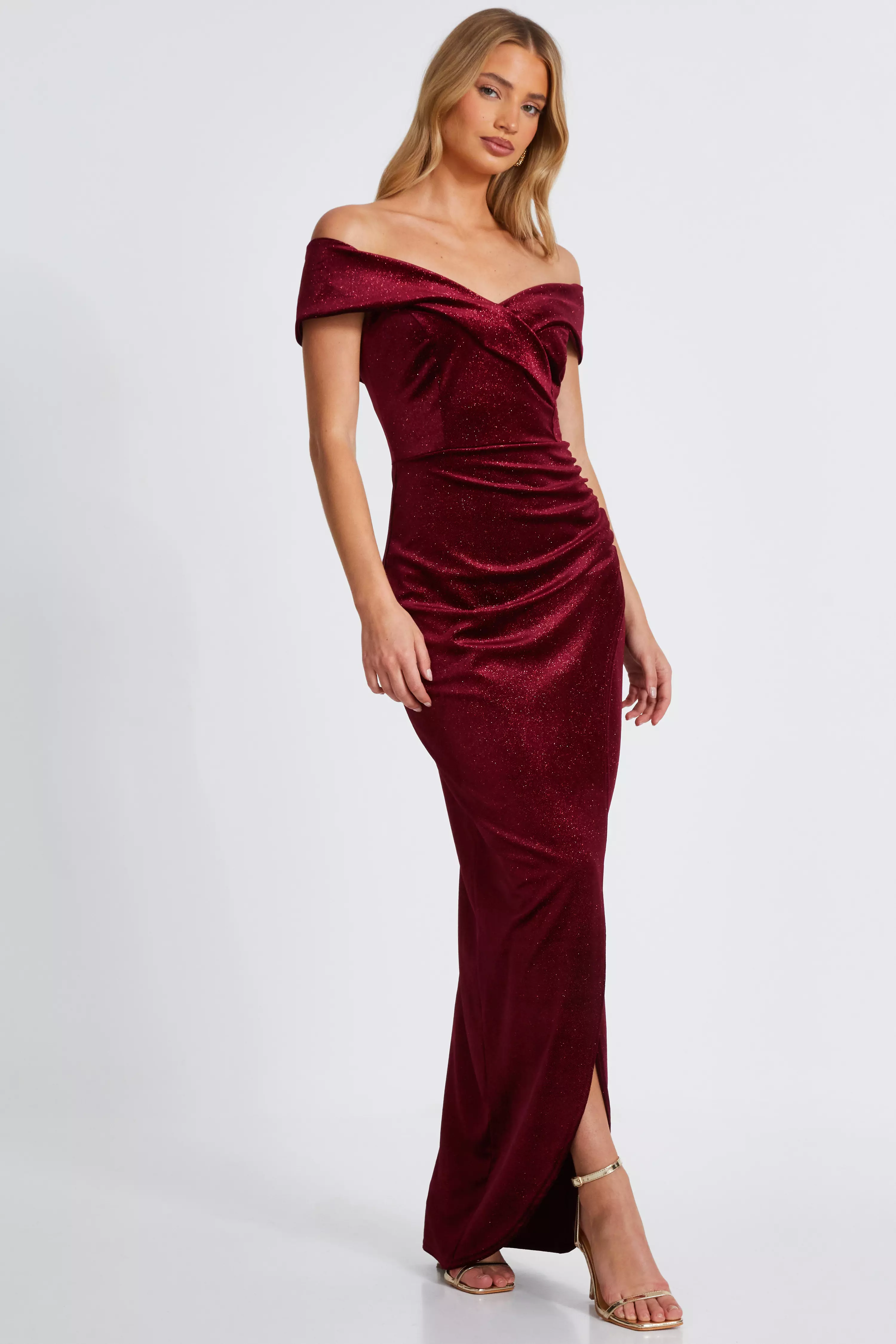 Dark Red Velvet Bardot Maxi Dress