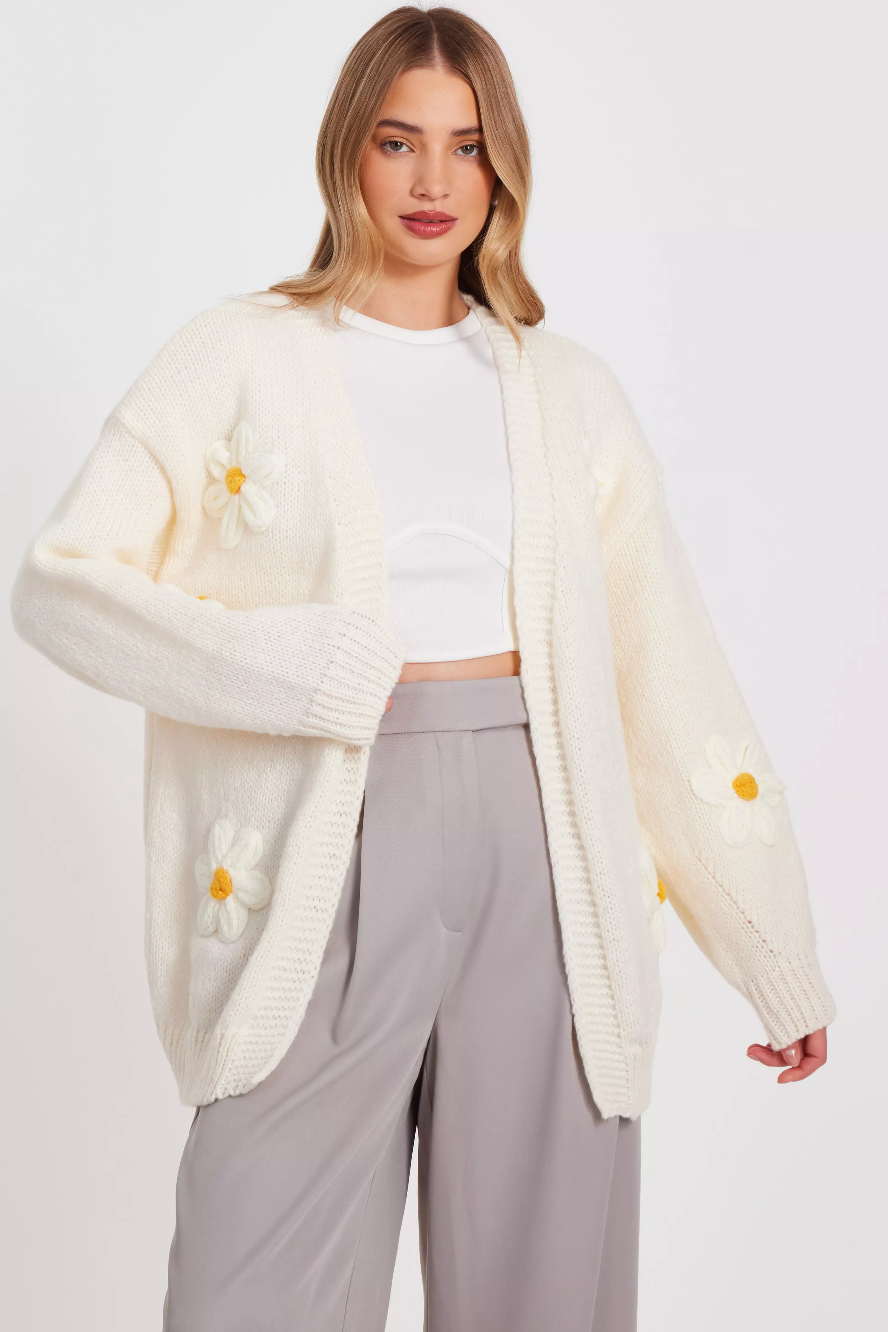 Ivory Knitted Floral Cardigan