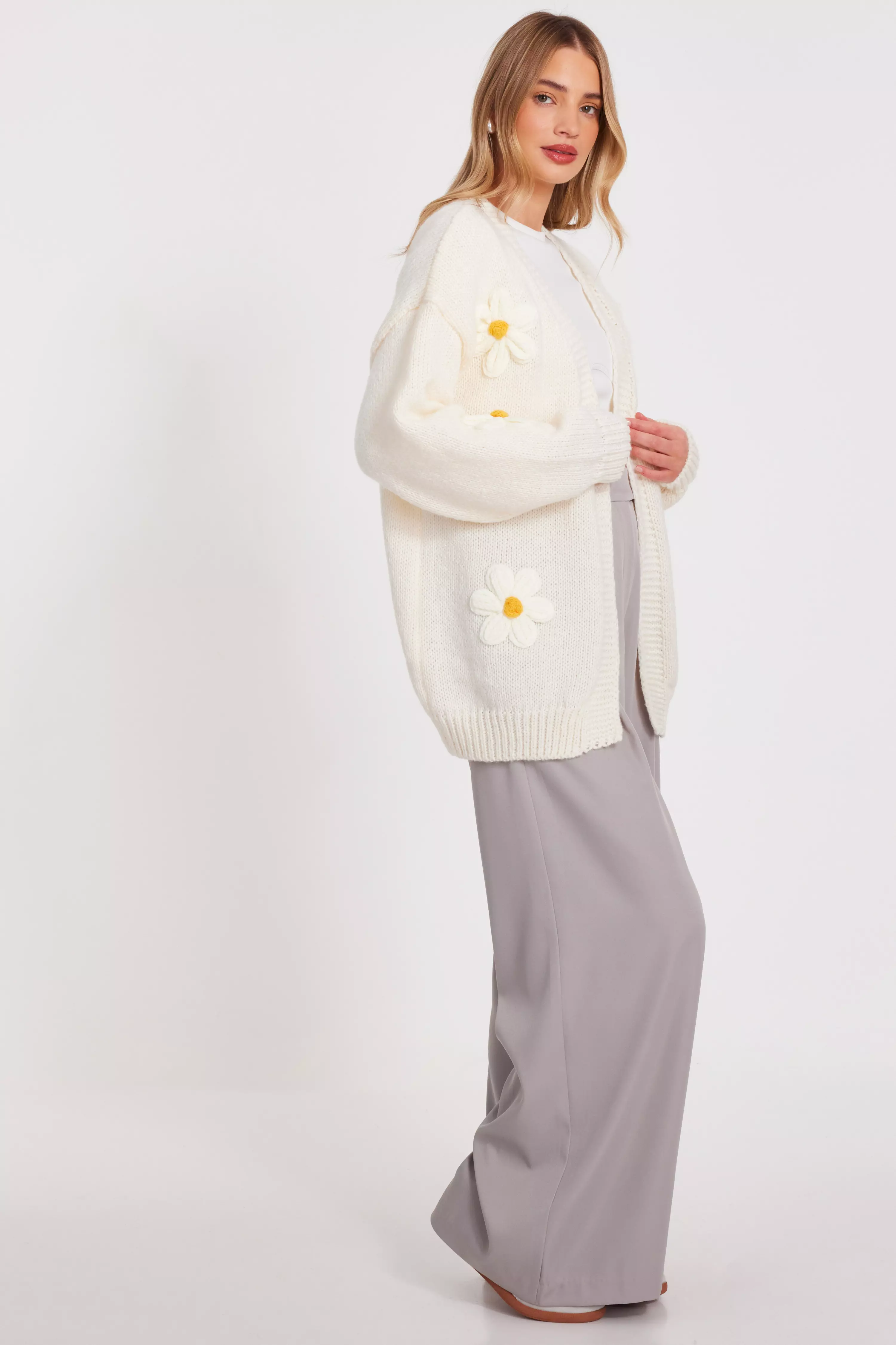 Ivory Knitted Floral Cardigan