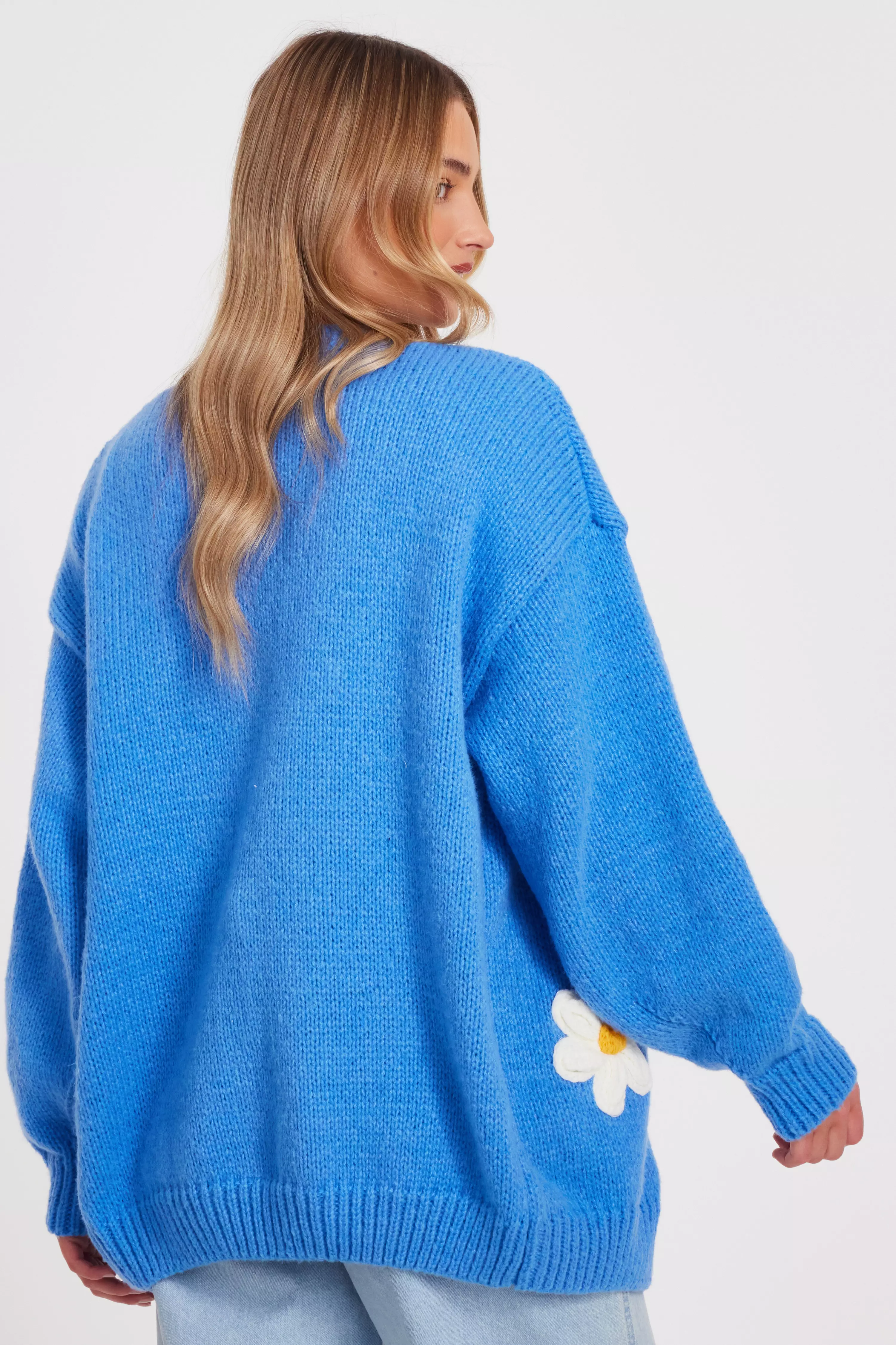 Blue Knitted Floral Cardigan