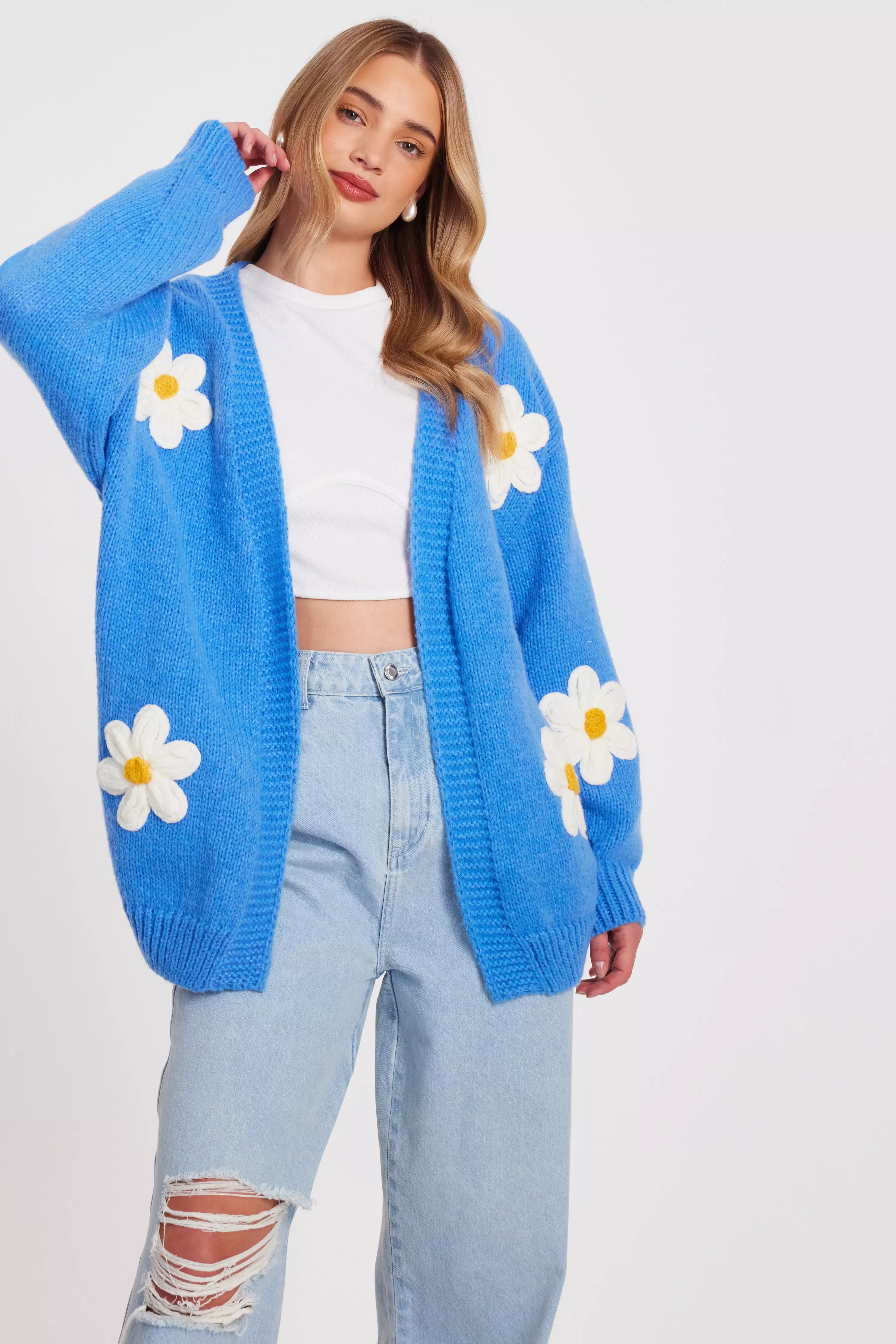 Blue Knitted Floral Cardigan