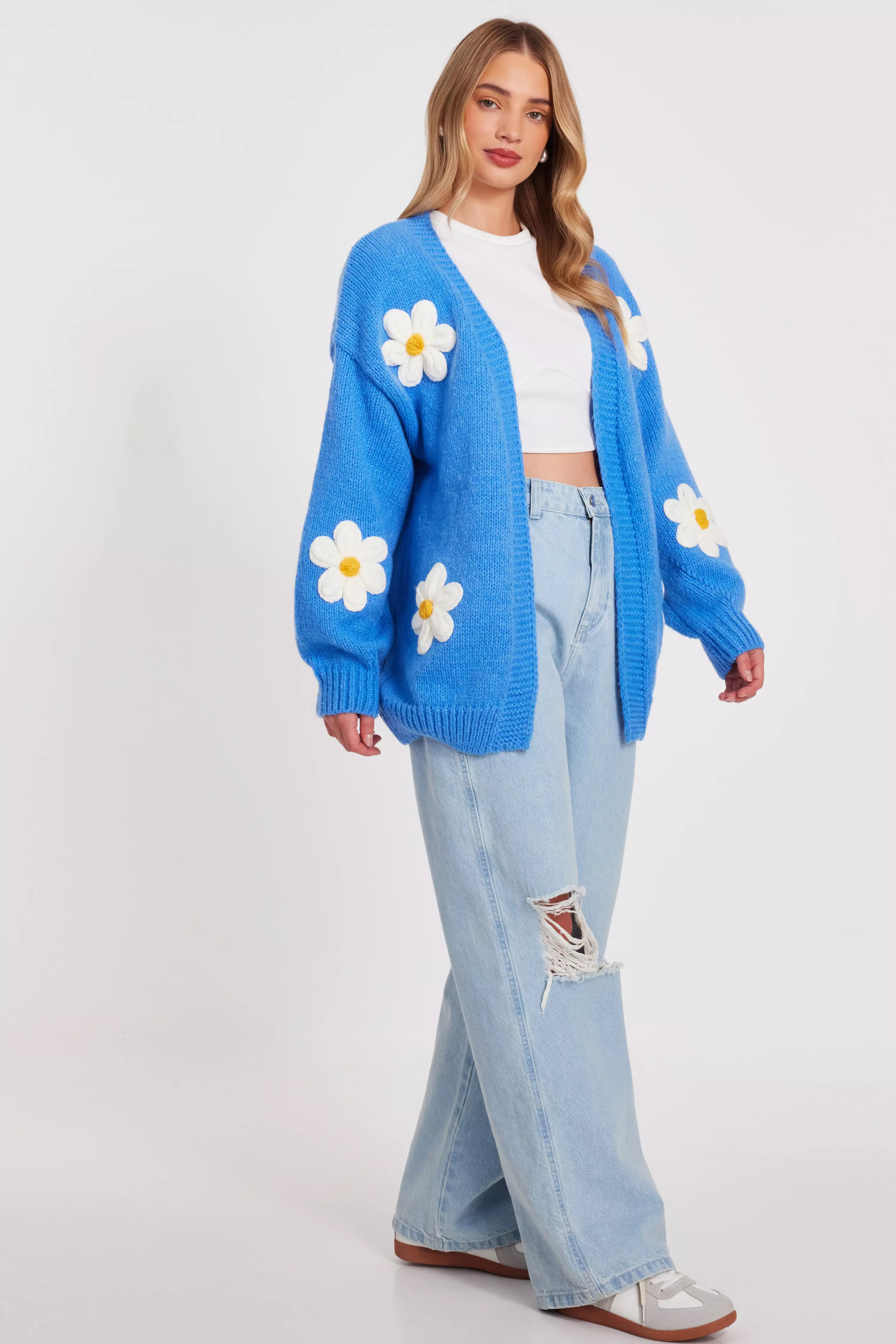 Blue Knitted Floral Cardigan