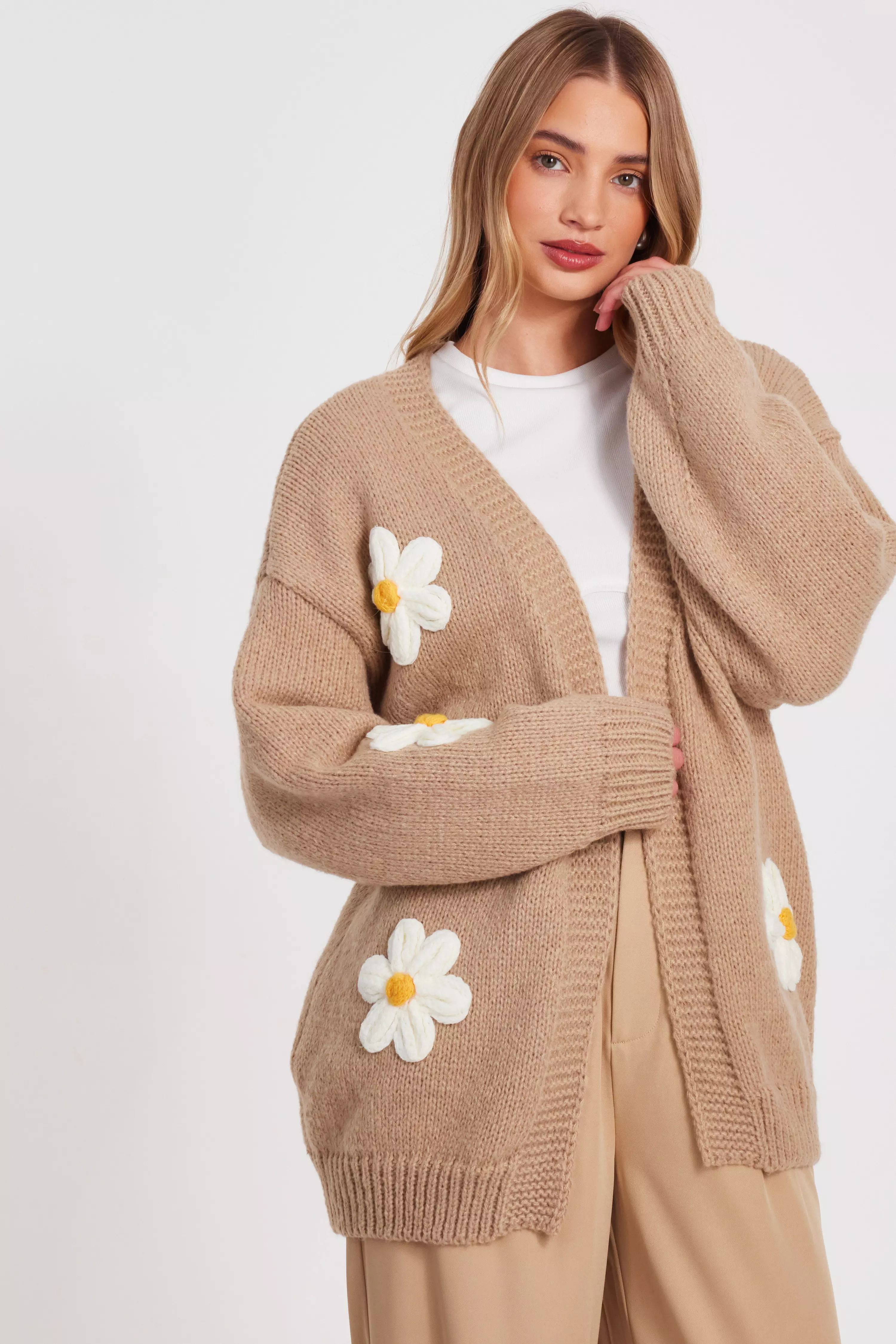 Beige Knitted Floral Cardigan