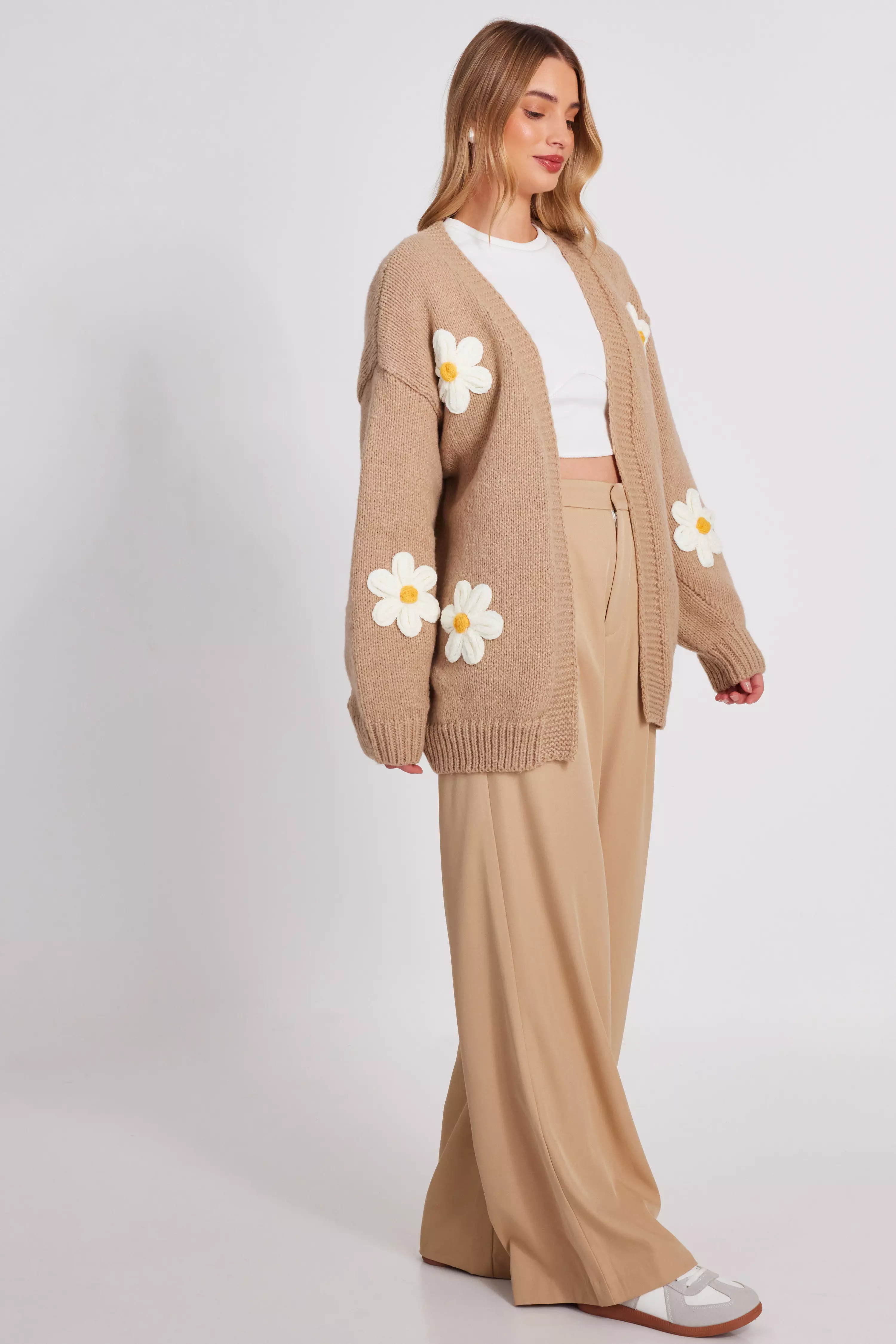 Beige Knitted Floral Cardigan