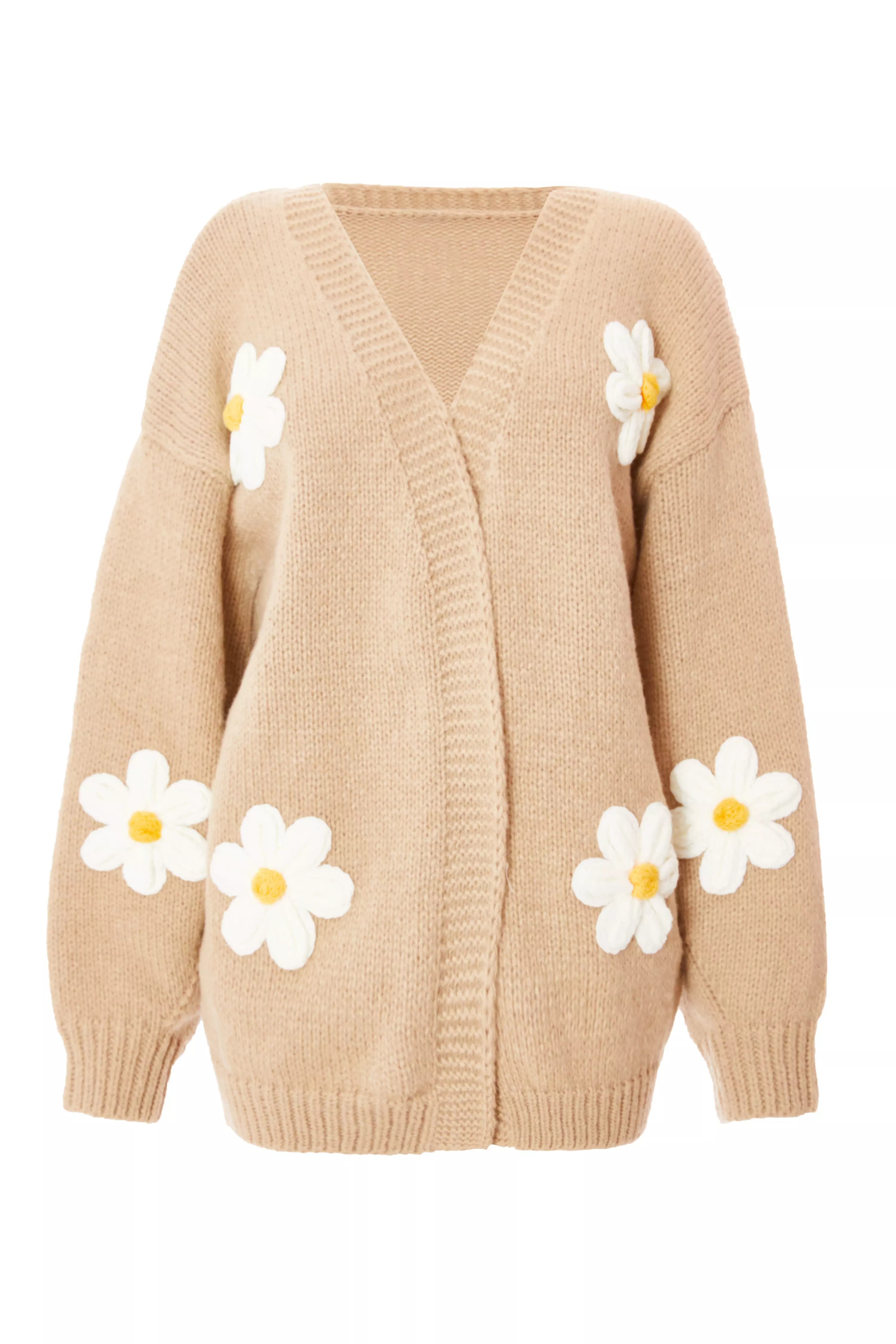 Beige Knitted Floral Cardigan