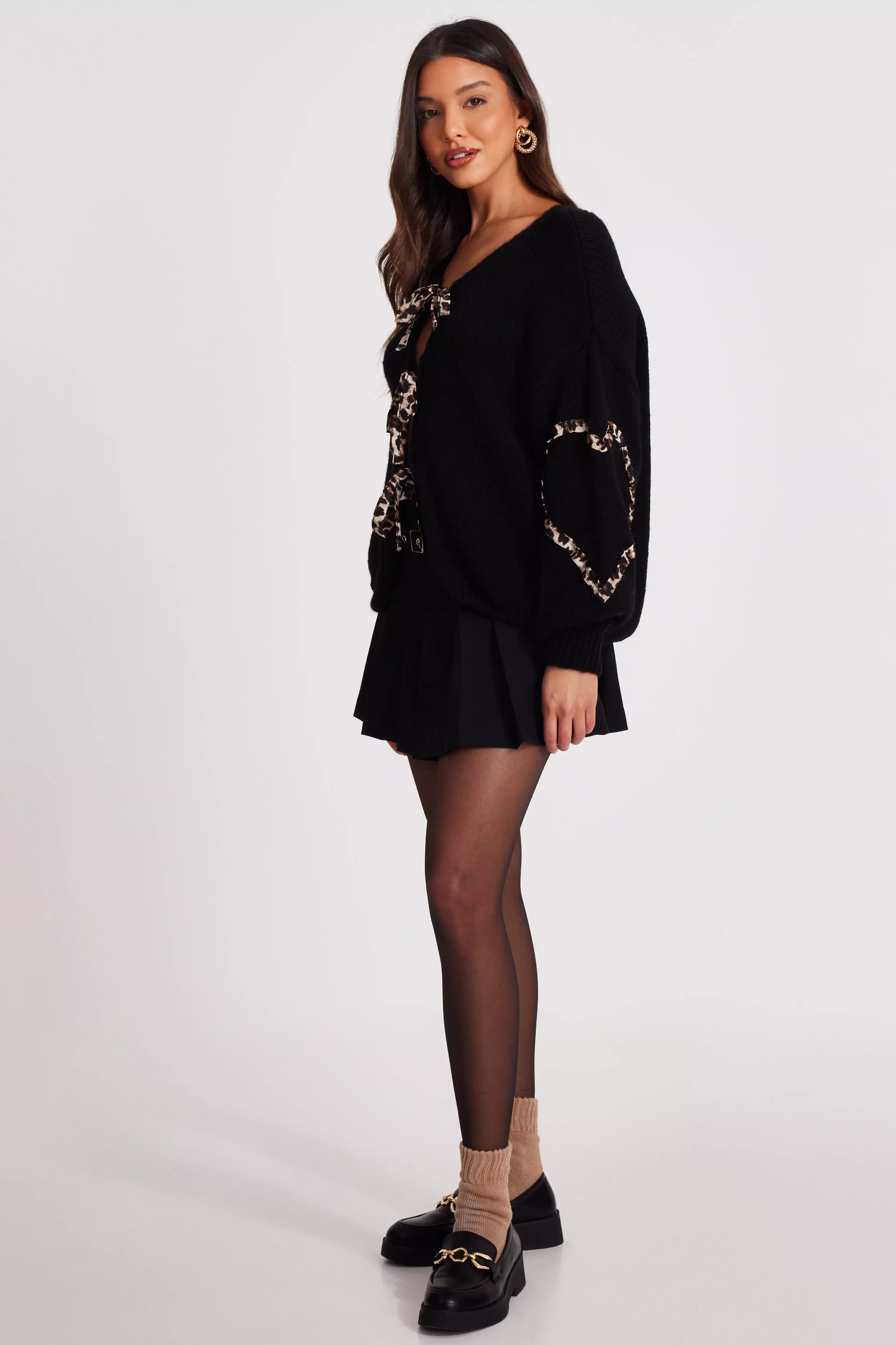 Black Knit Leopard Trim Cardigan