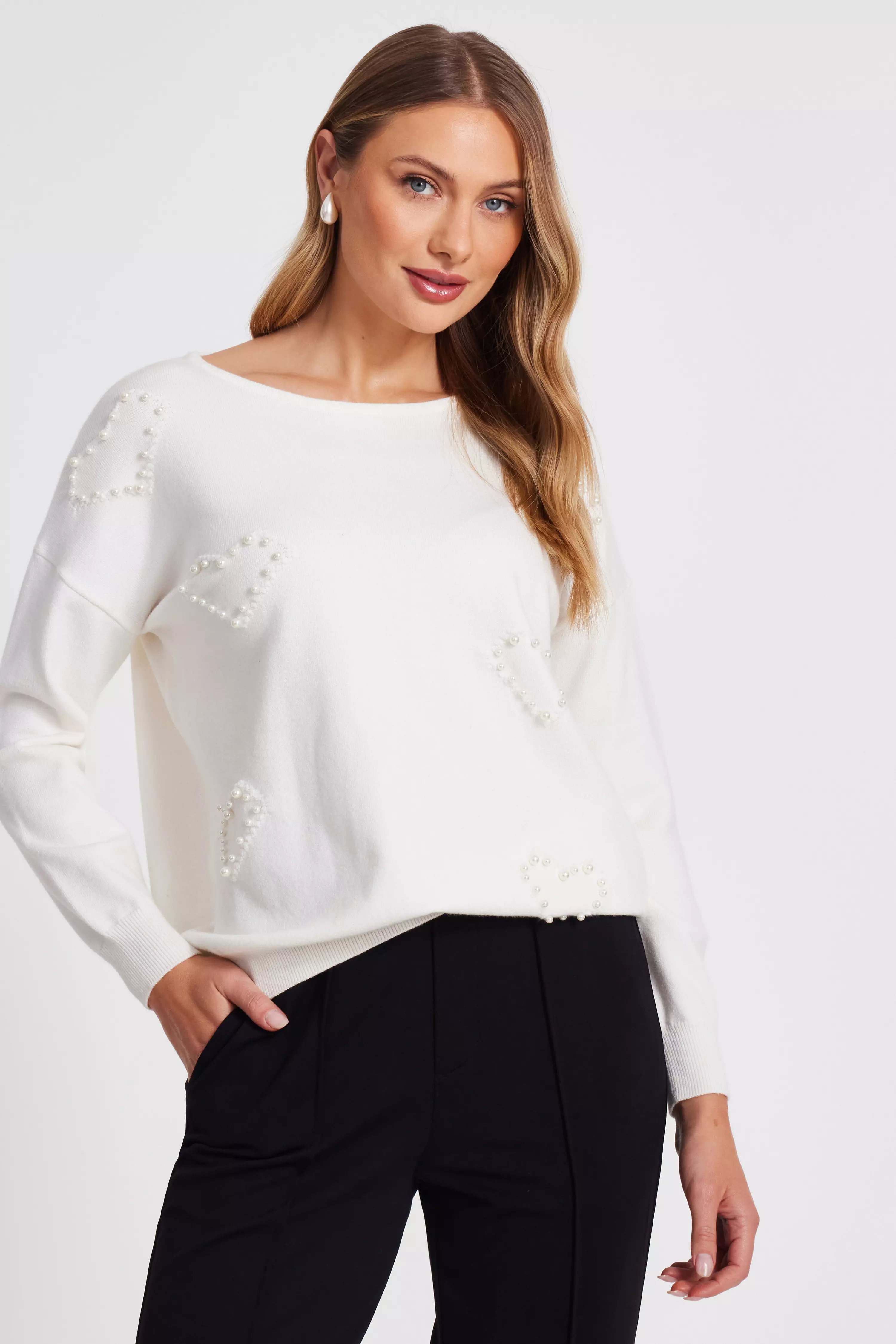 Cream Pearl Embellished Jumper