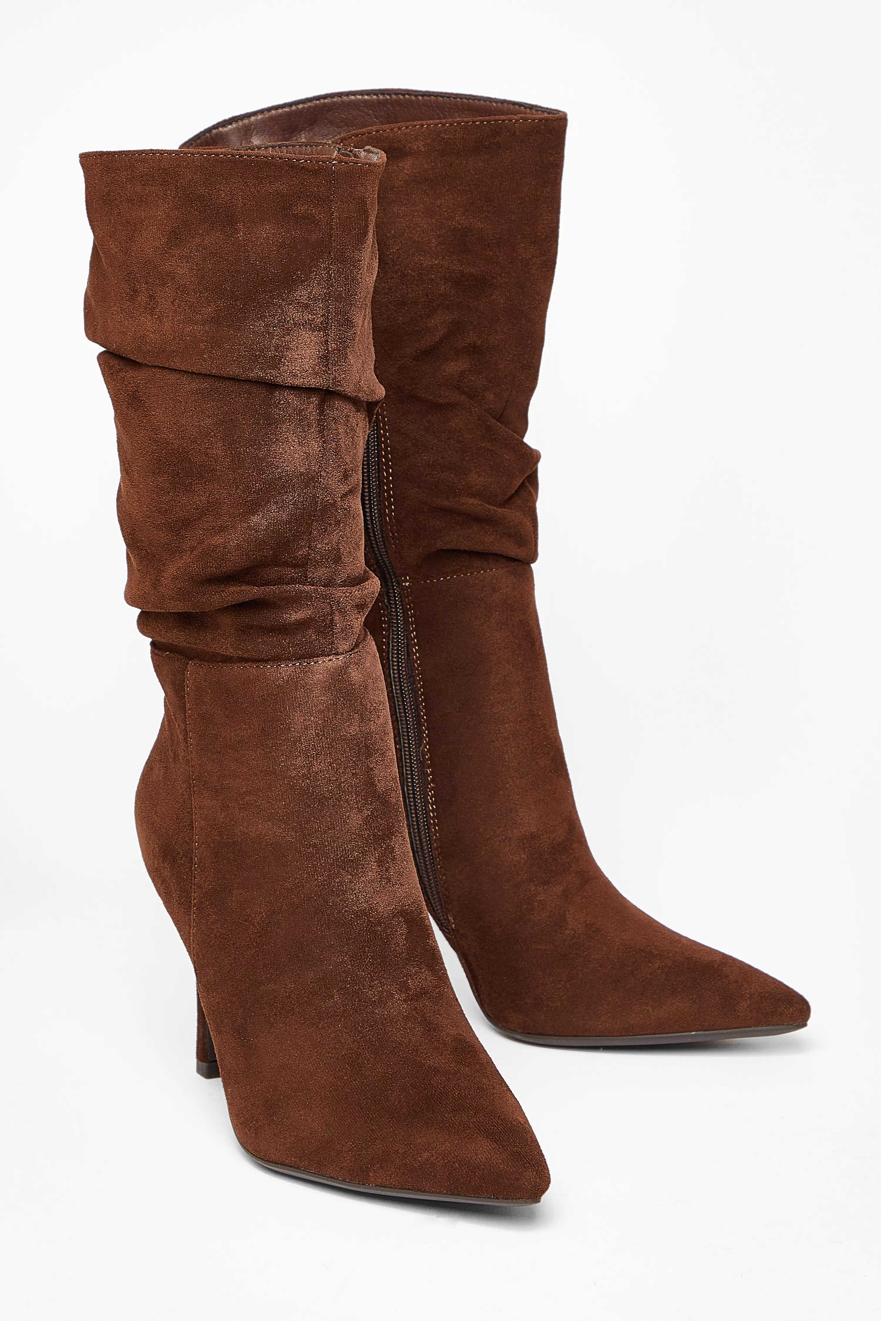 Brown Faux Suede Heeled Boots