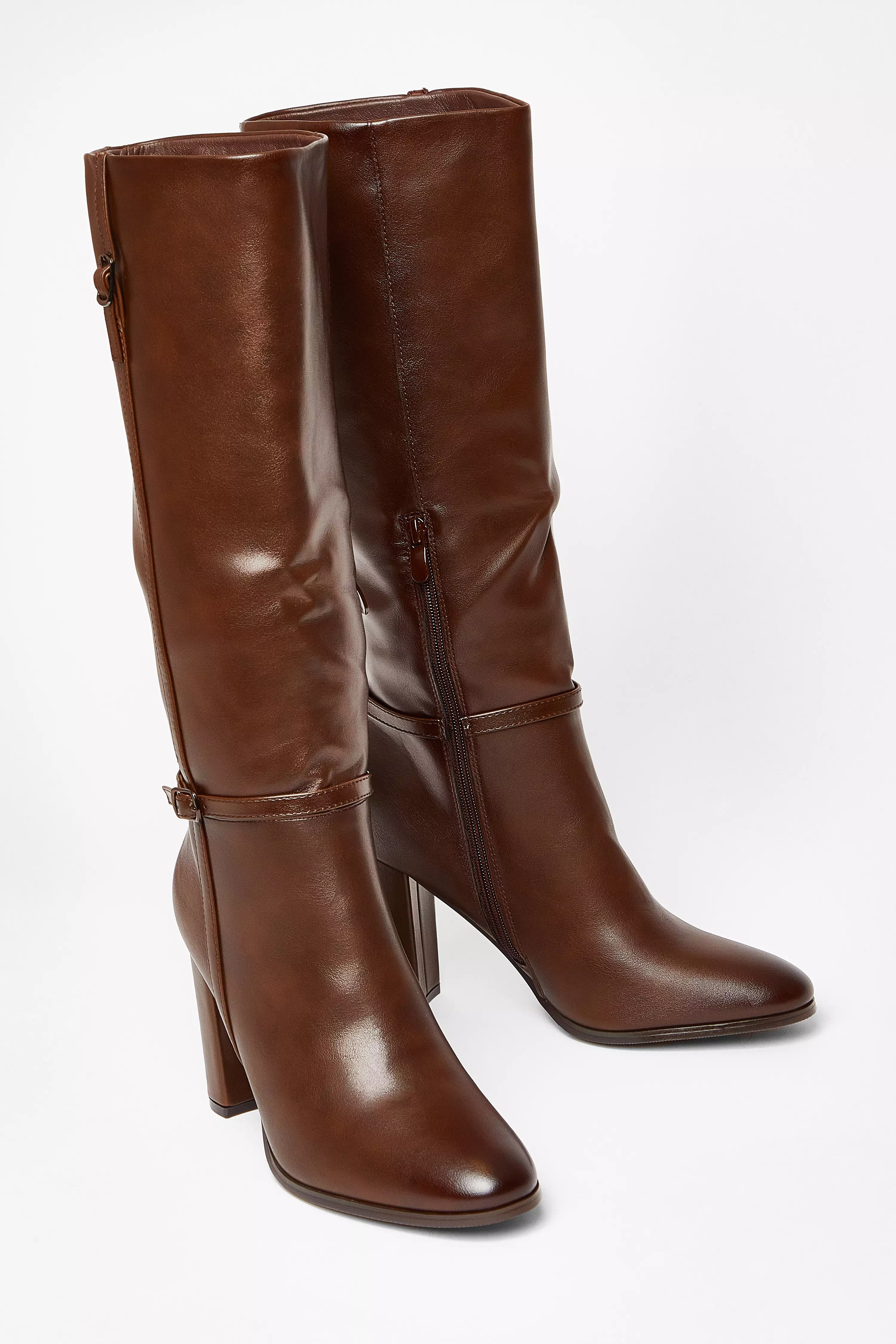 Brown Faux Leather Heeled Boots