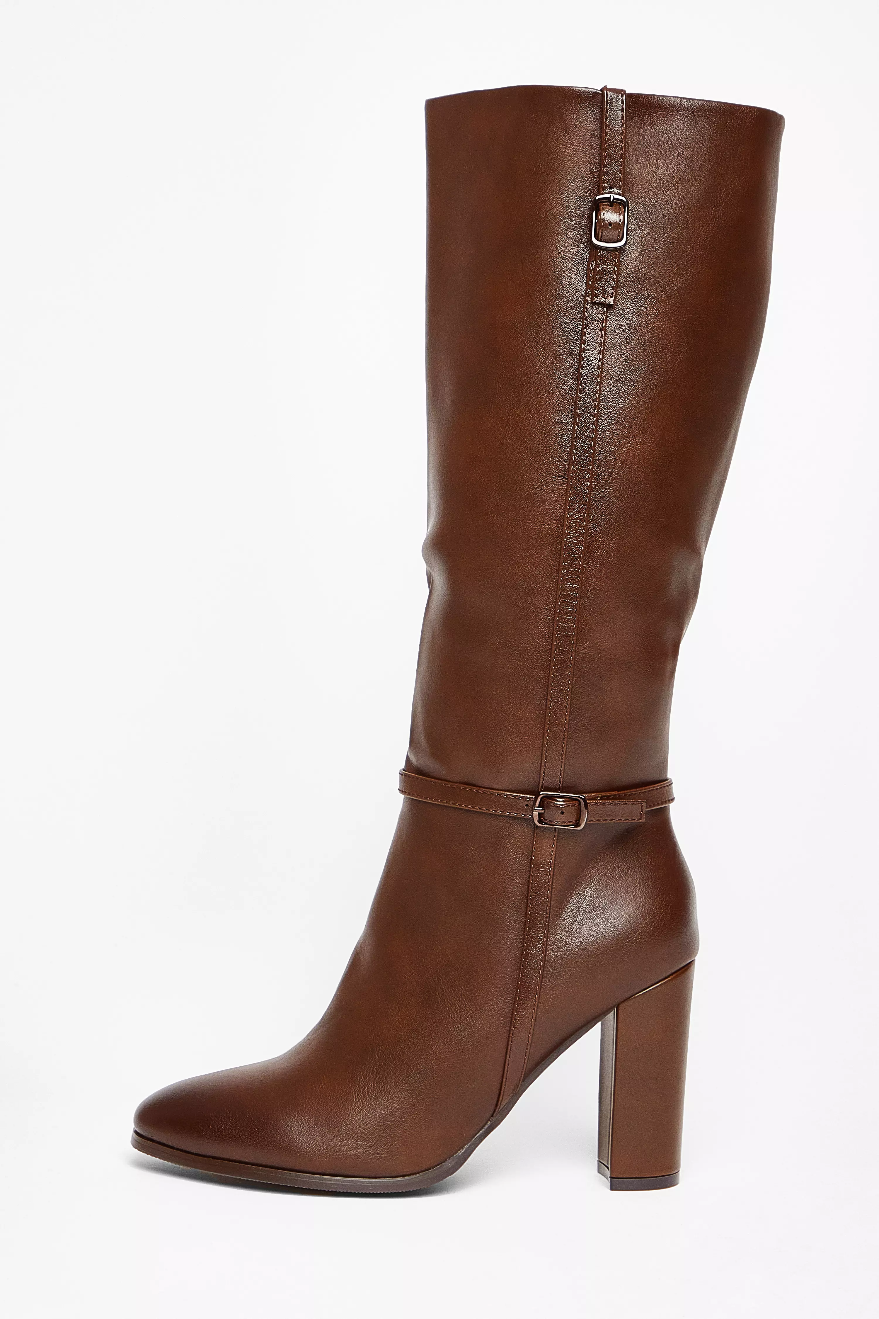 Brown Faux Leather Heeled Boots