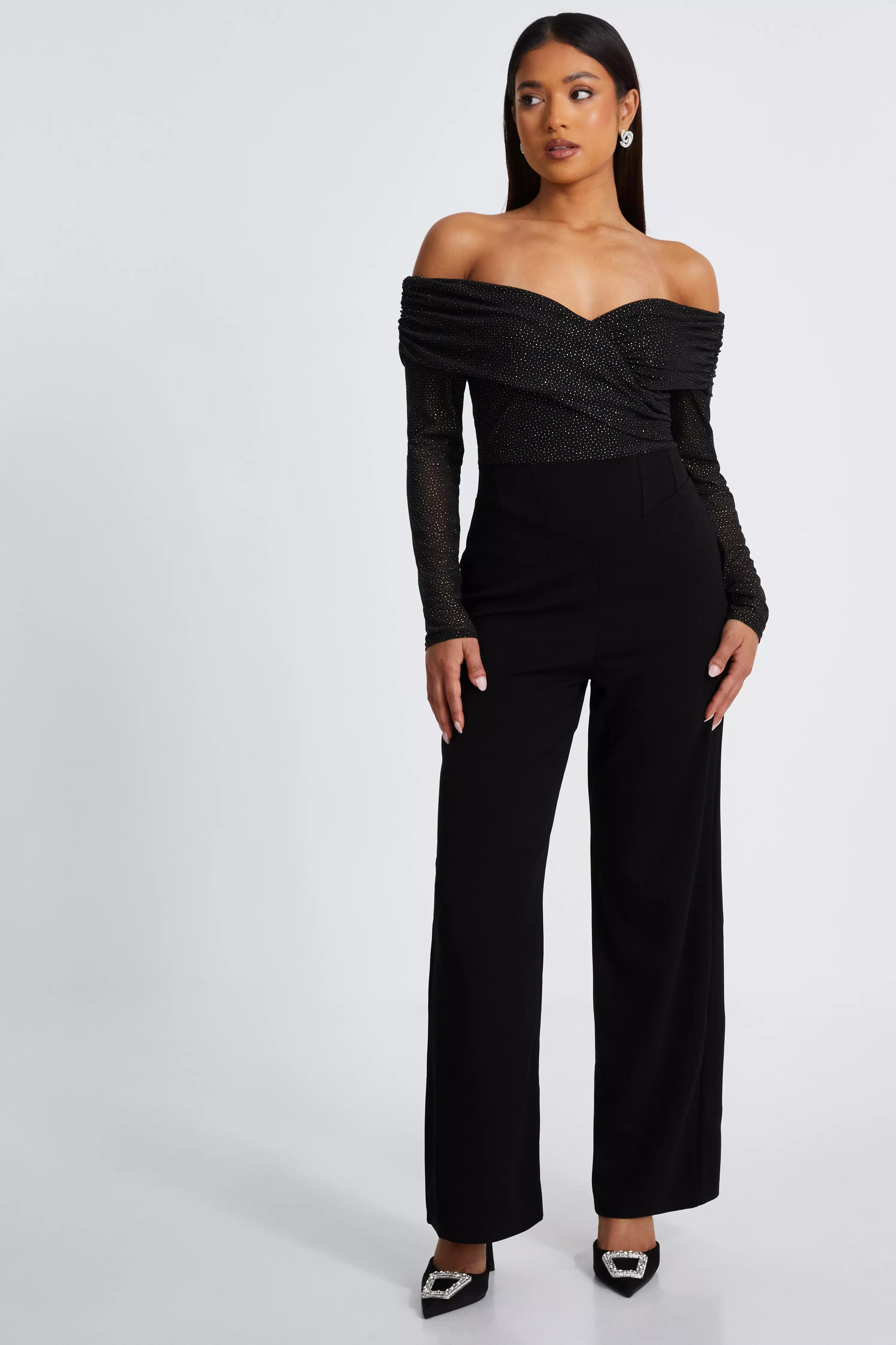 Petite Black Glitter Bardot Jumpsuit QUIZ Clothing