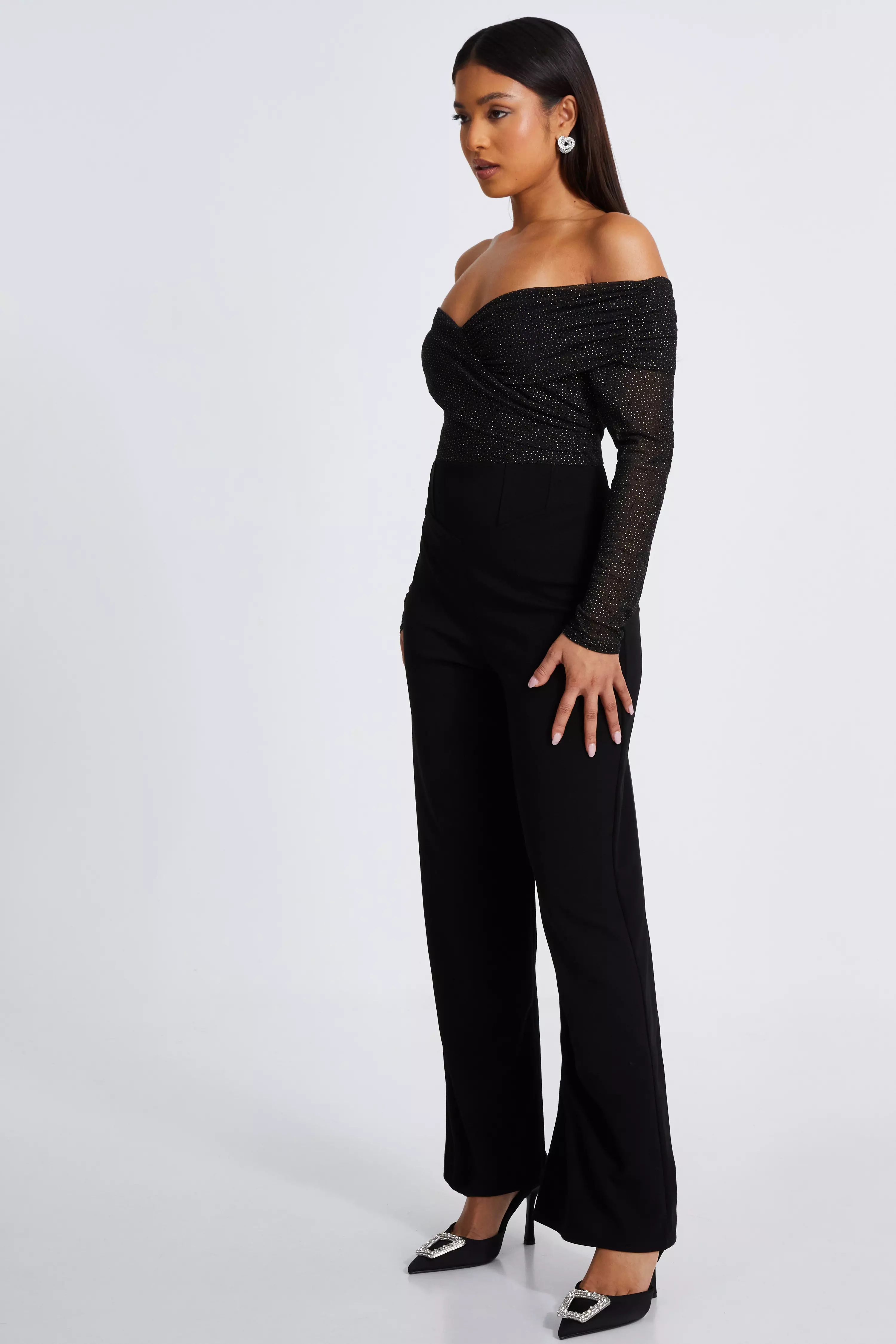 Petite Black Glitter Mesh Jumpsuit