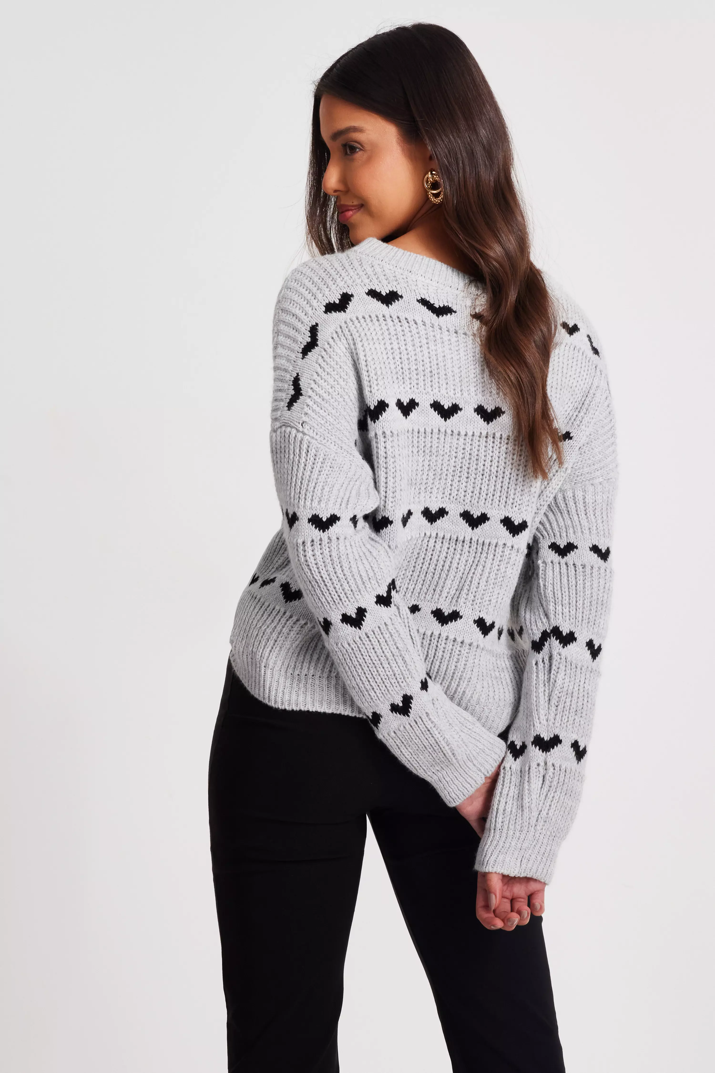 Grey Knit Heart Print Jumper