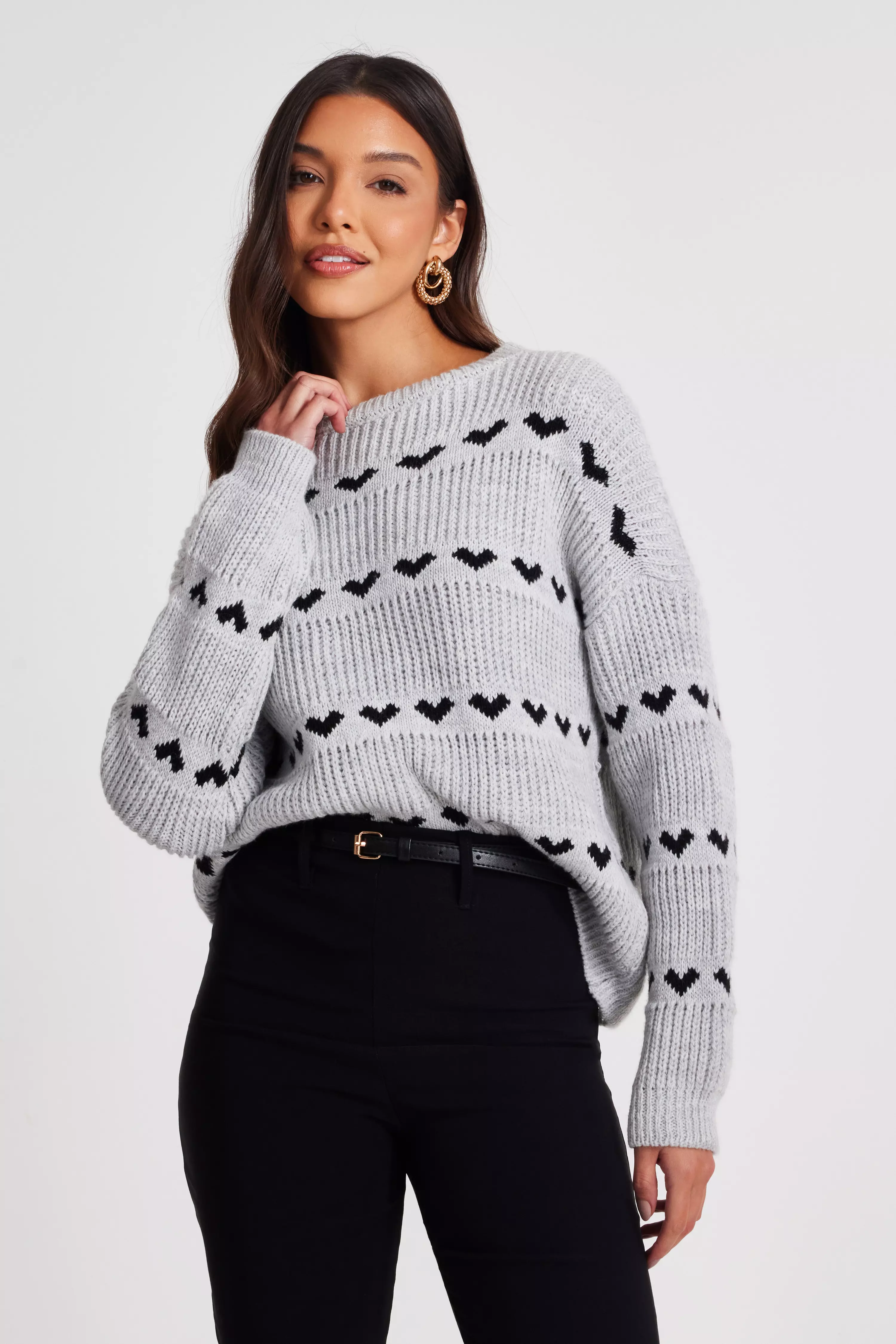 Grey Knit Heart Print Jumper