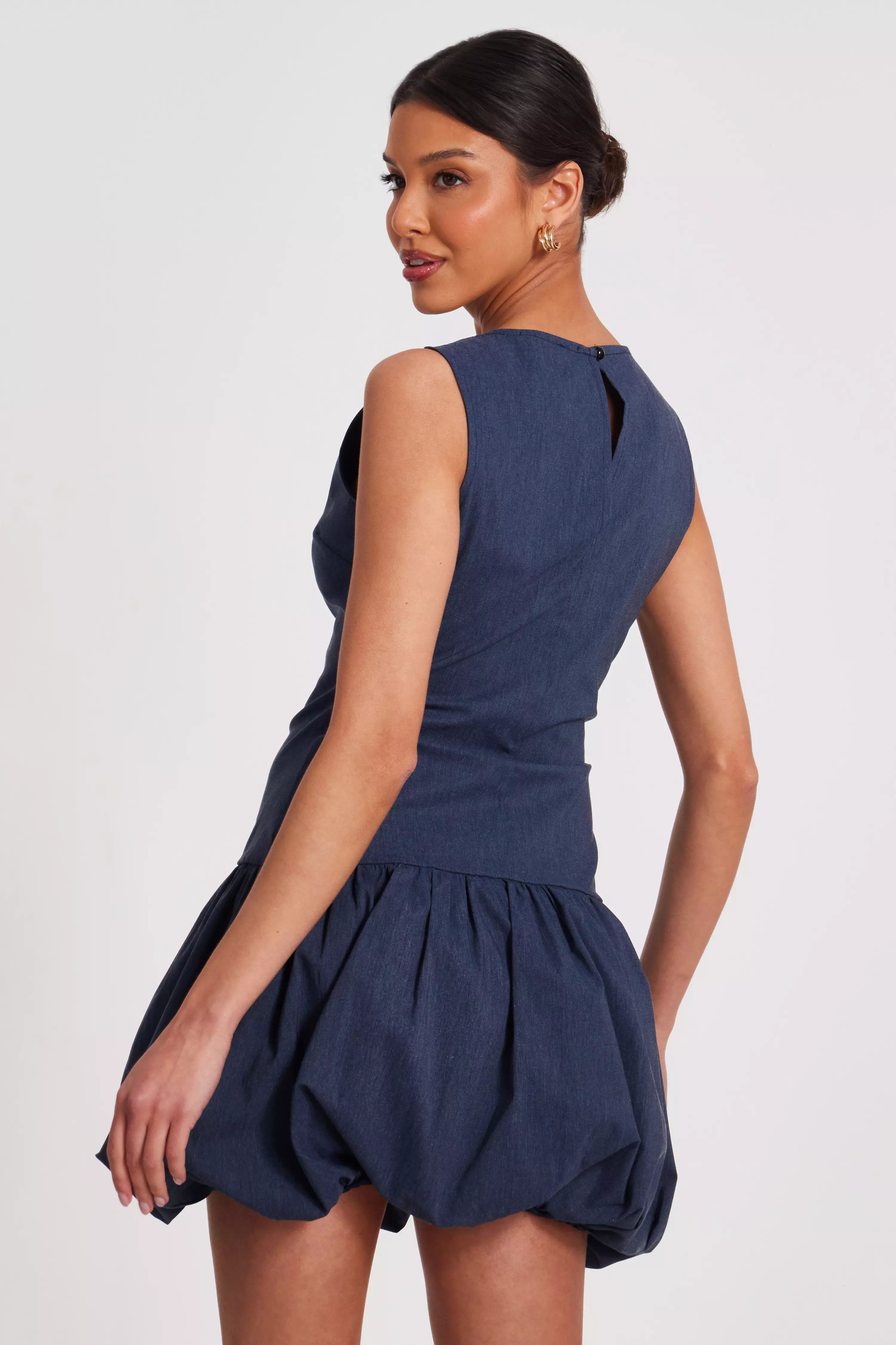 Blue Denim Puff Ball Skater Dress