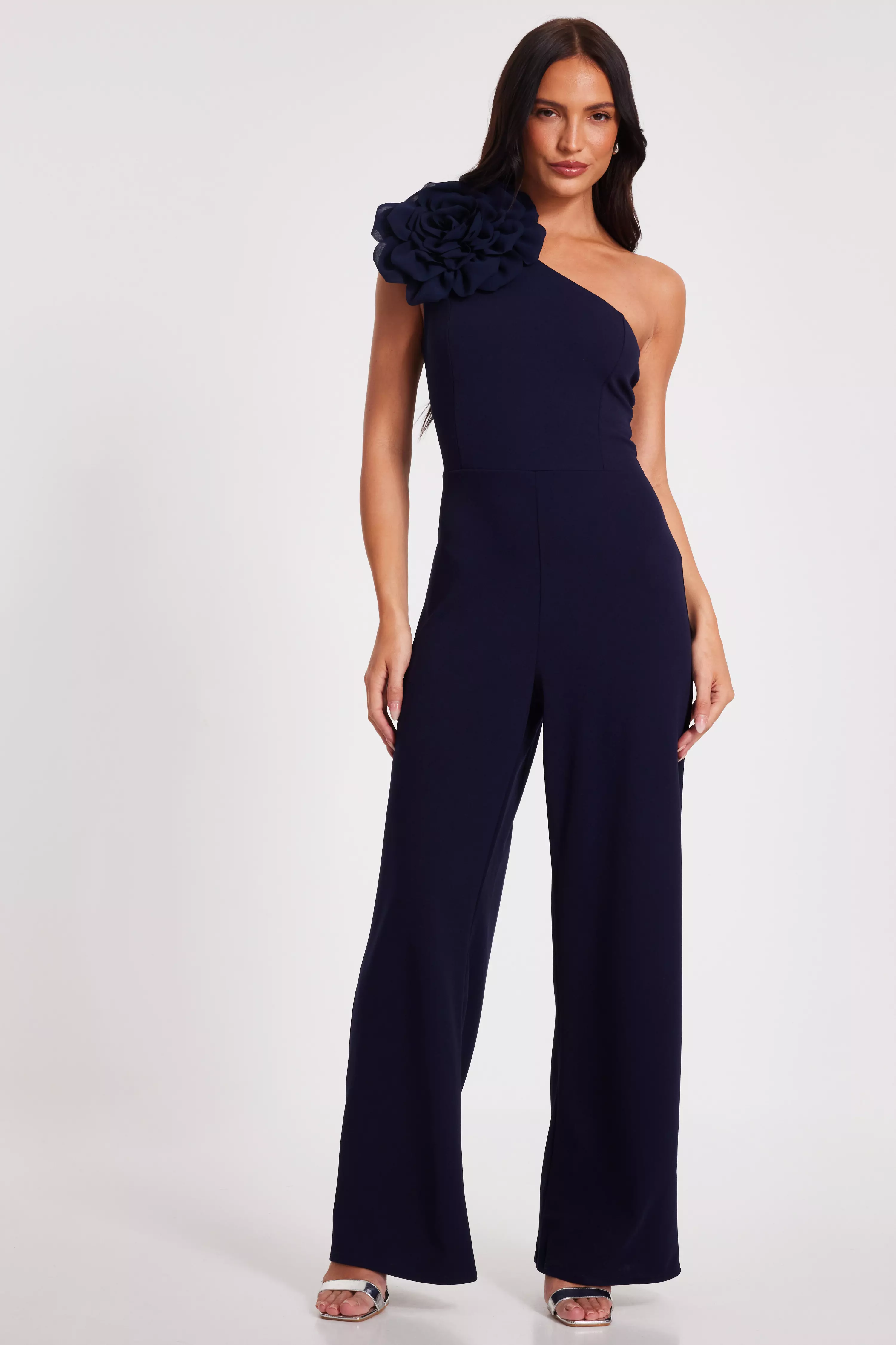 Navy One Shoulder Floral Jumpsuit