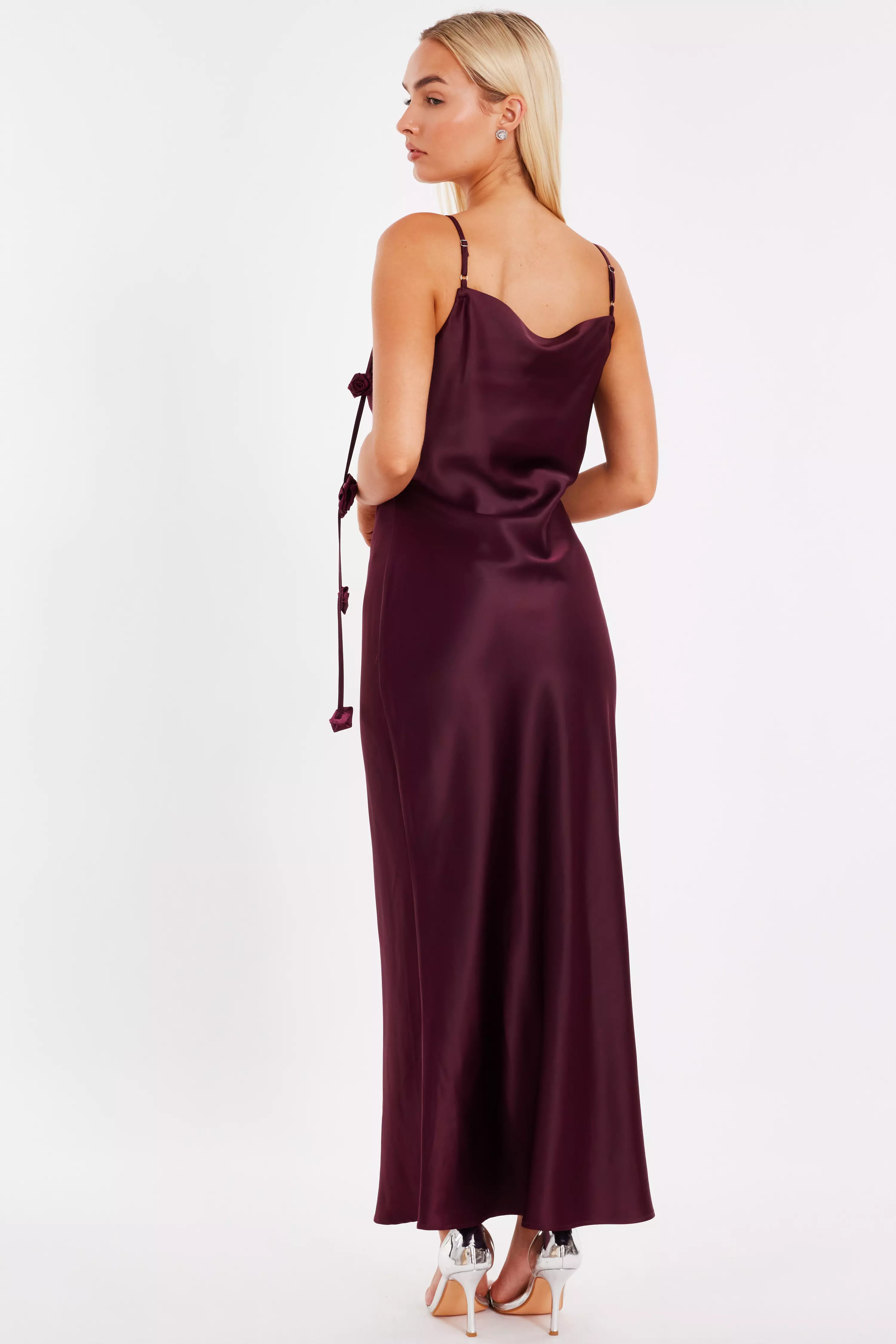 Dark Red Floral Trim Midaxi Dress