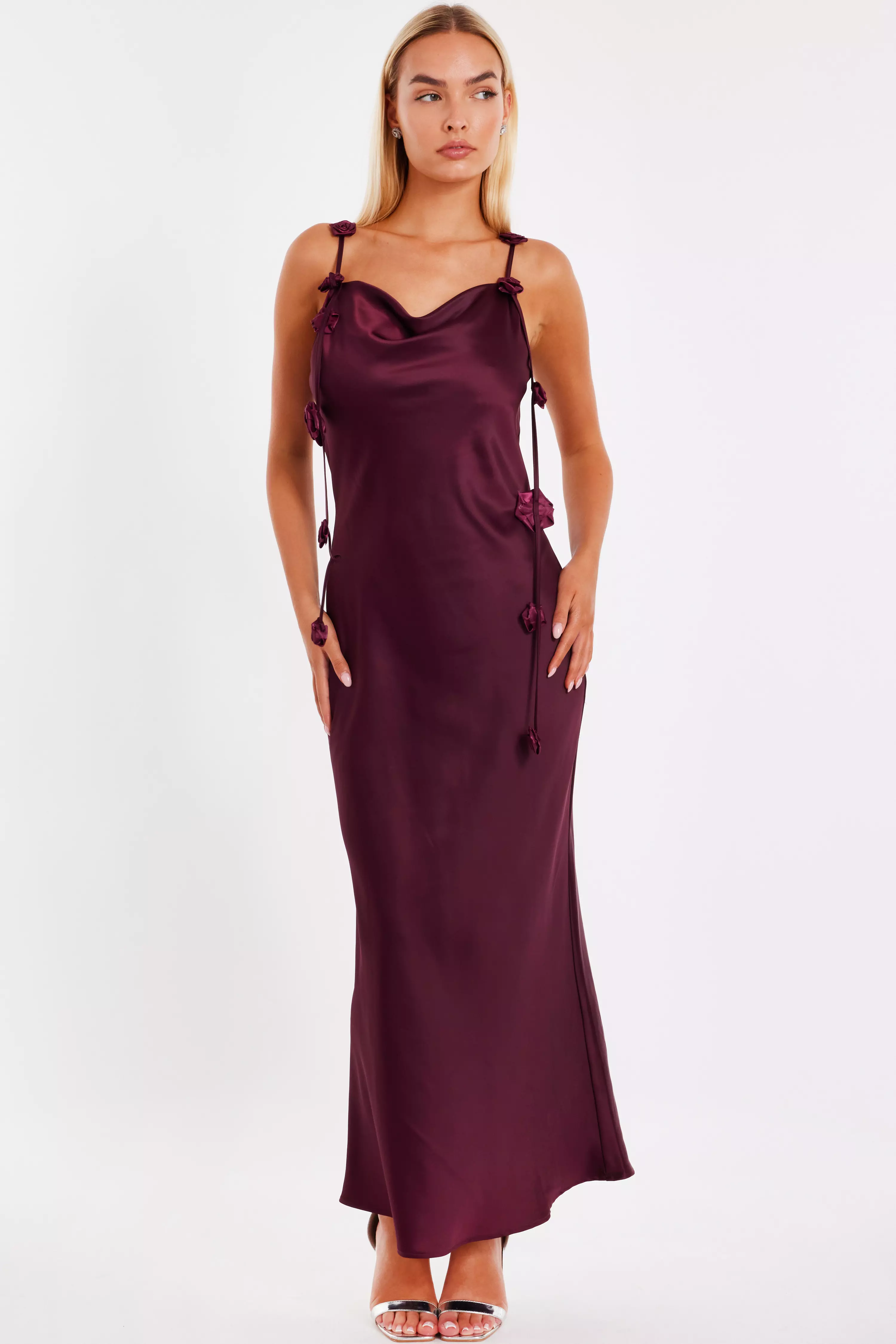 Dark Red Floral Trim Midaxi Dress