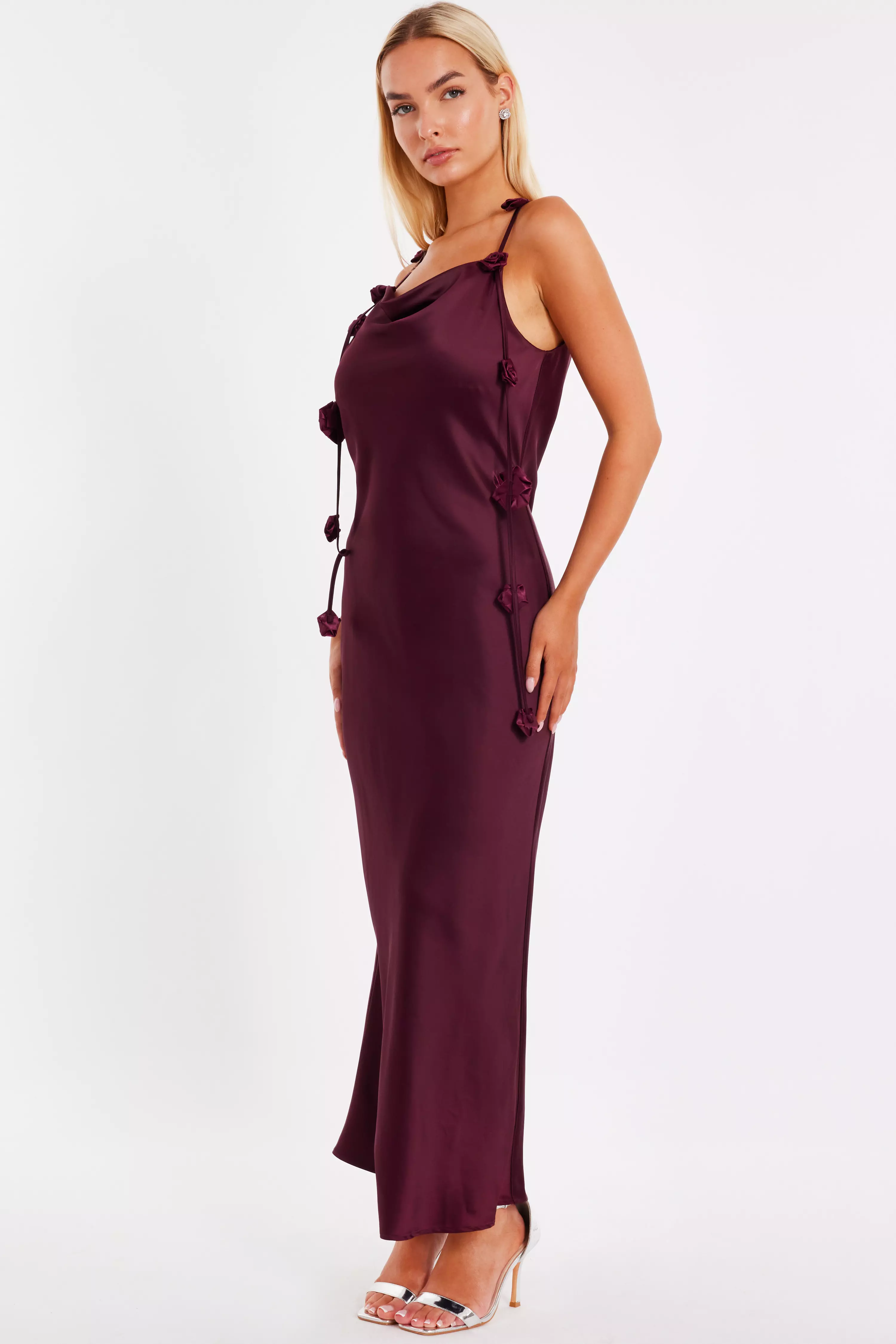 Dark Red Floral Trim Midaxi Dress